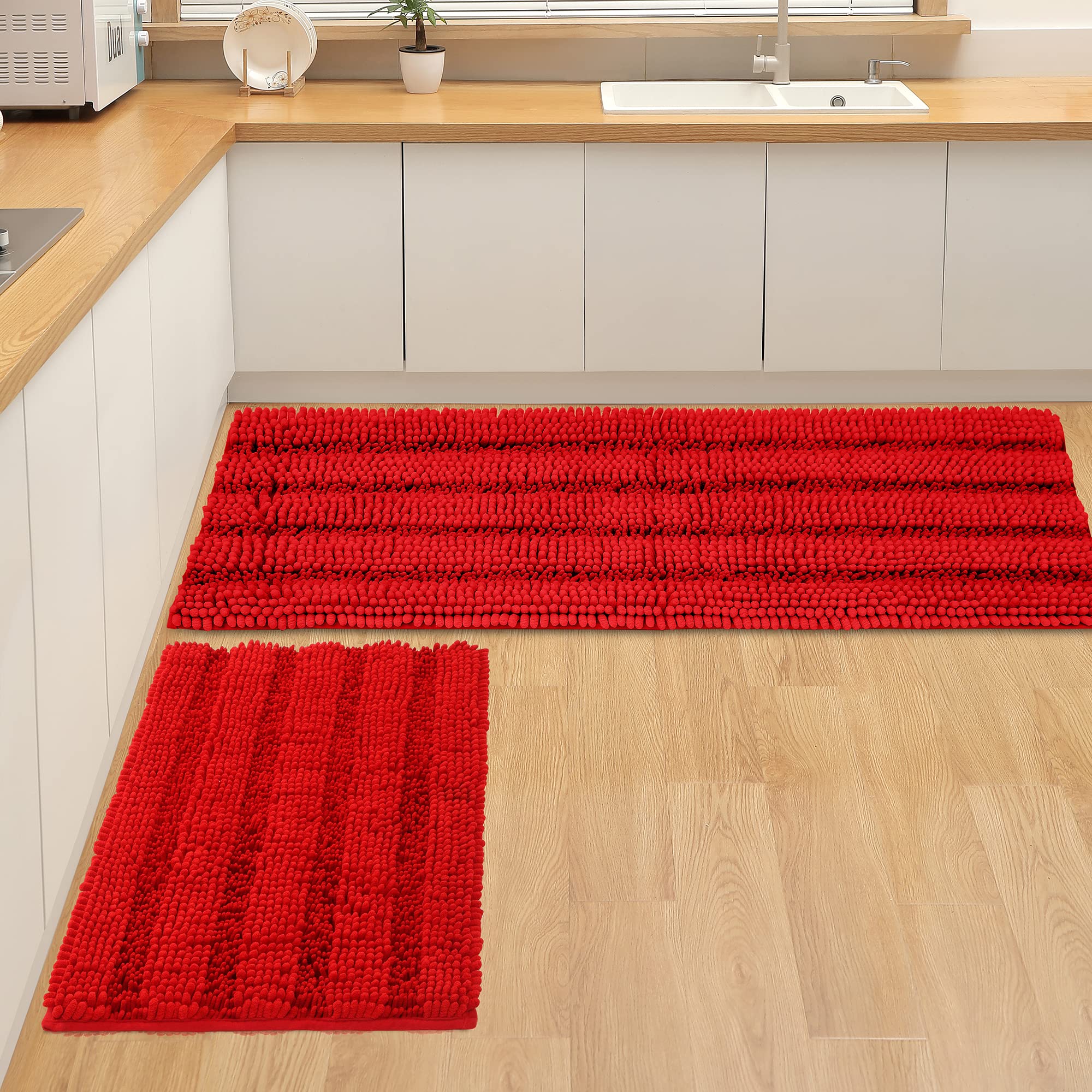 Floleopa Non Slip Thick Shaggy Chenille Red Bathroom Rug Sets 2 Piece, Thickened Hot Melt Rubber Bottom Bath Mats For Bathroom,
