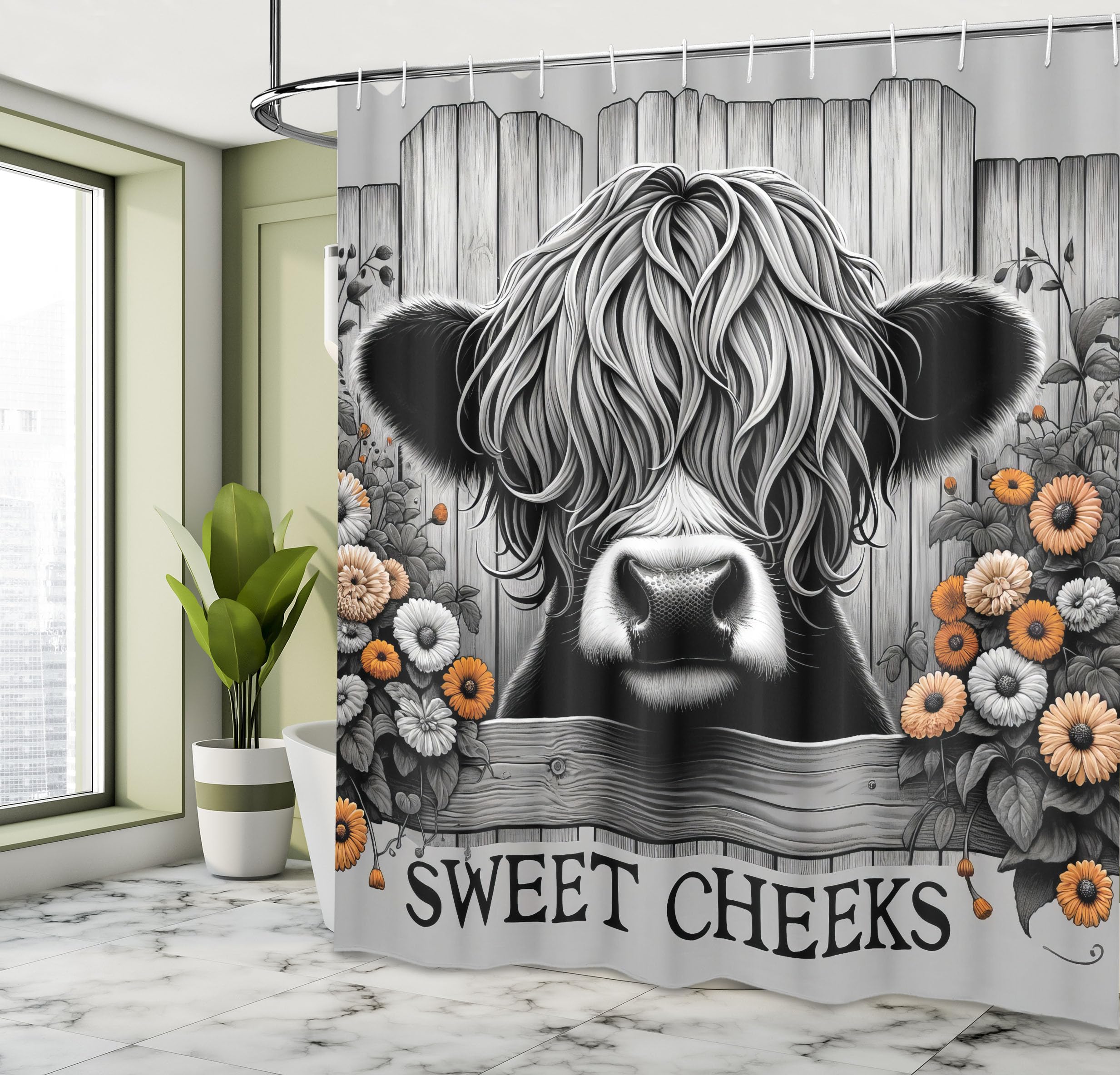 Ambesonne Rustic Shower Curtain, Vintage Farmhouse Monochrome Cow Funny Cheeks In Tangerine Color Flowers, Cloth Fabric Bathroom