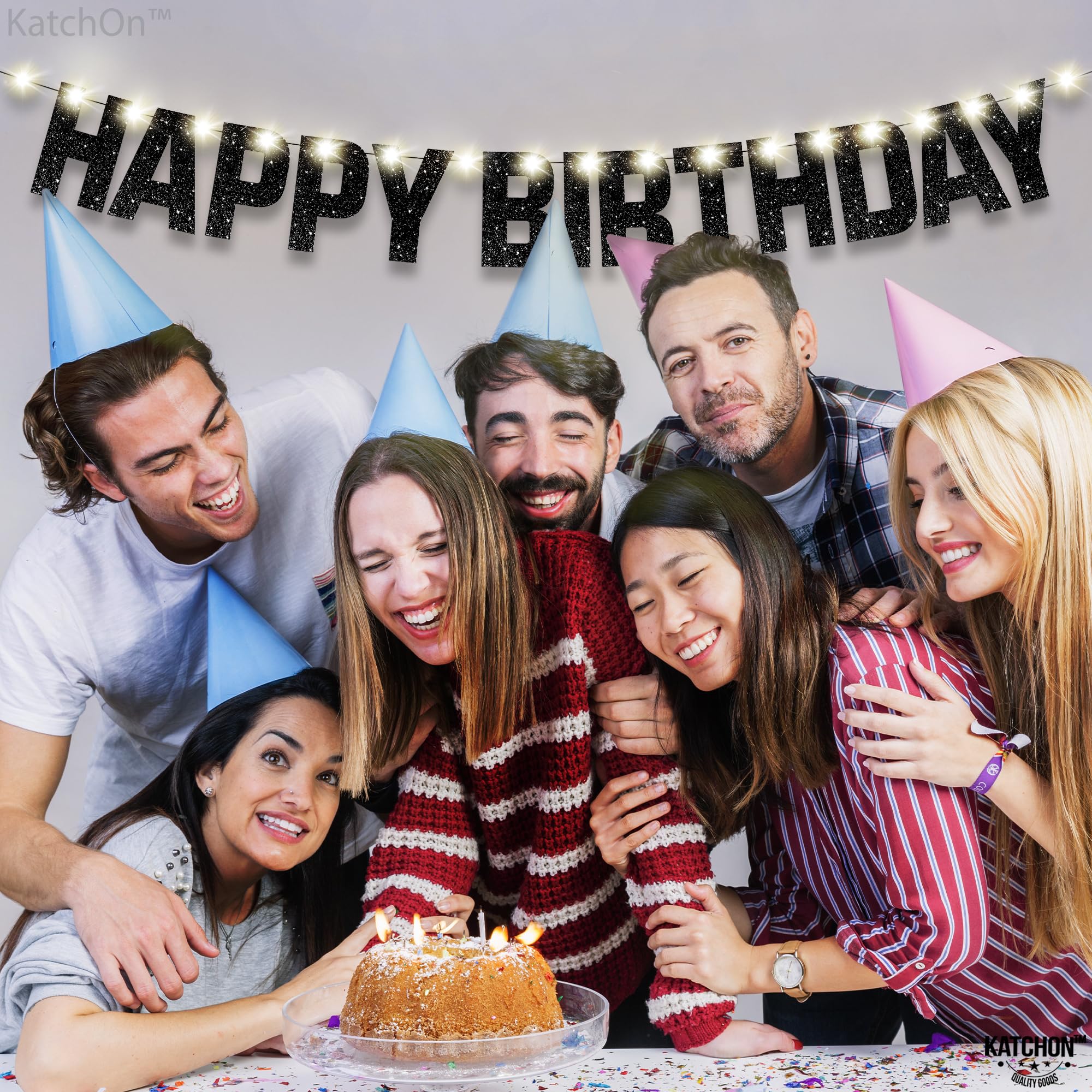 Katchon, Glitter Black Happy Birthday Banner Light Up - Prestrung, 10 Feet | Black Happy Birthday Led Sign, Happy Birthday Banne