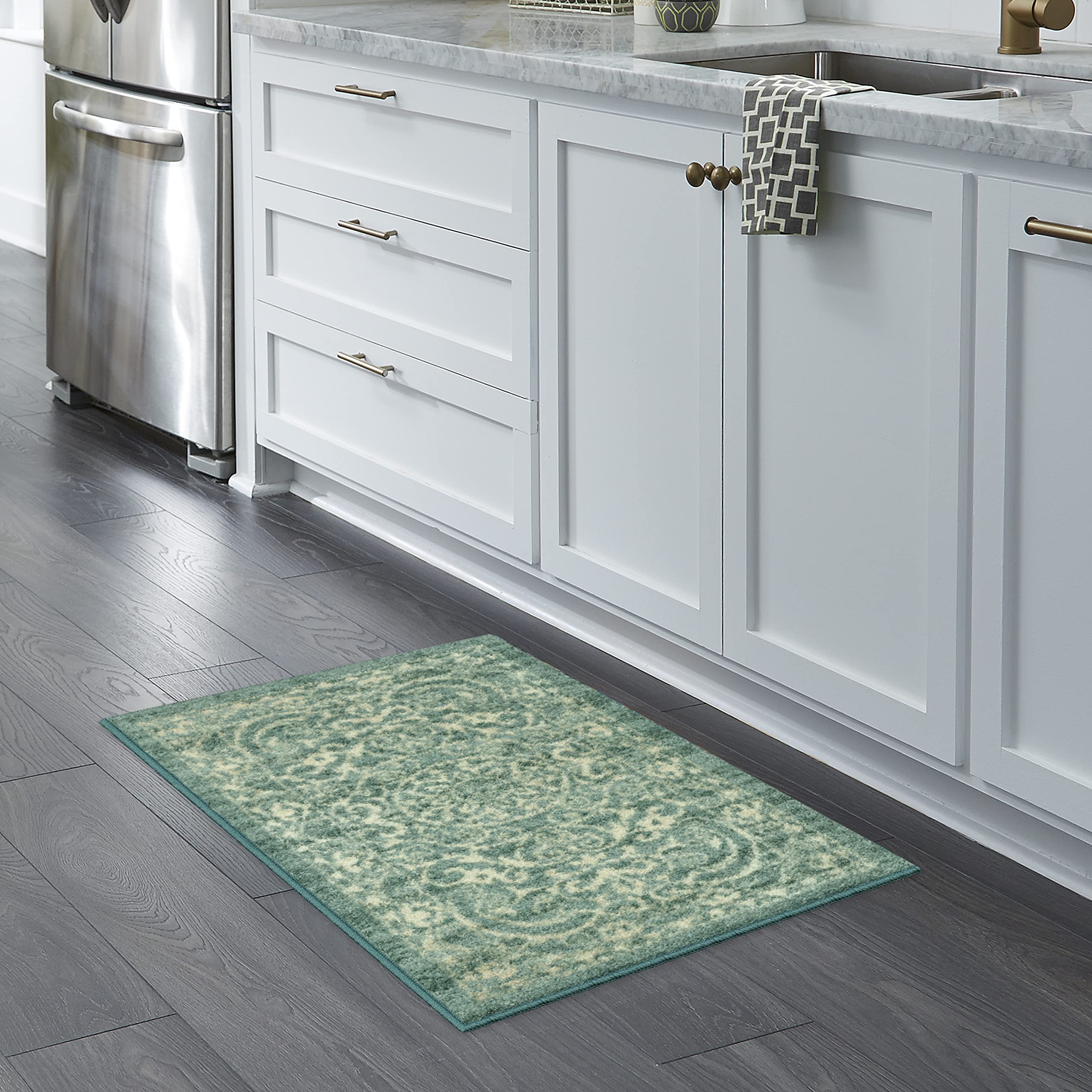 Maples Rugs Pelham Vintage Kitchen Rugs Non Skid Washable Accent Area Carpet [Made in USA], 18 x 210, Light Spa