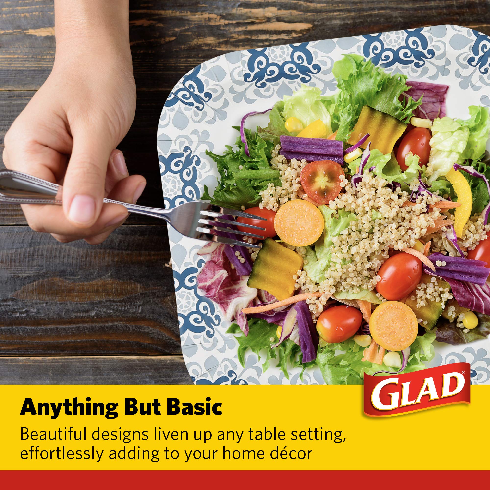 Glad 10 Square Paper Plates | Soak Proof Disposable Paper Plates | 50 Ct White Paper Plates With Blue Victorian Design, Strong