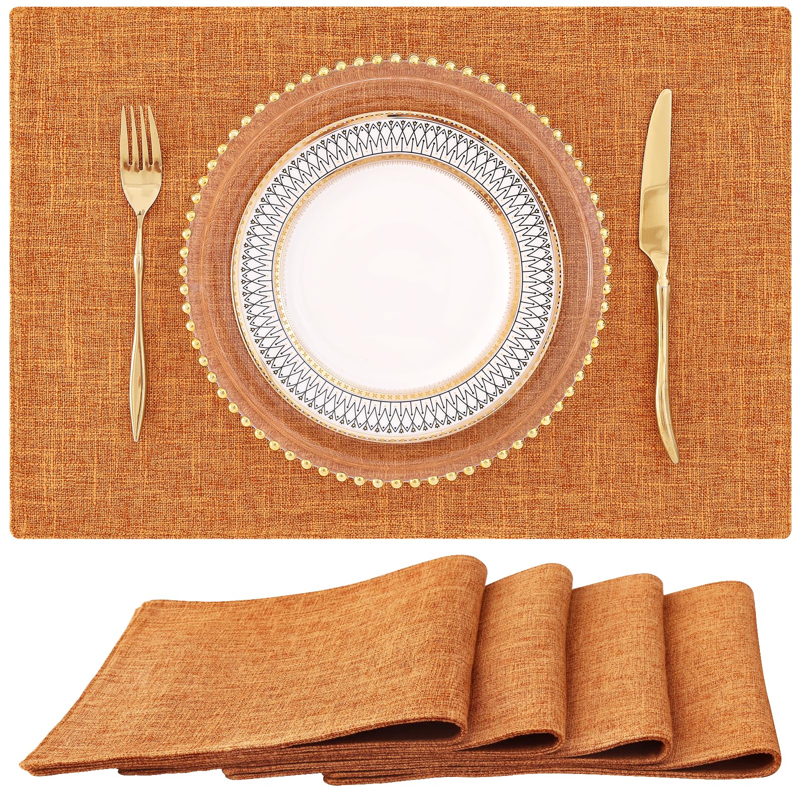 Homing Orange Cloth Placemats Set Of 4 - Cotton Linen Blend Washable Farmhouse Dining Table Mats For Fall & Thanksgiving, Easy T