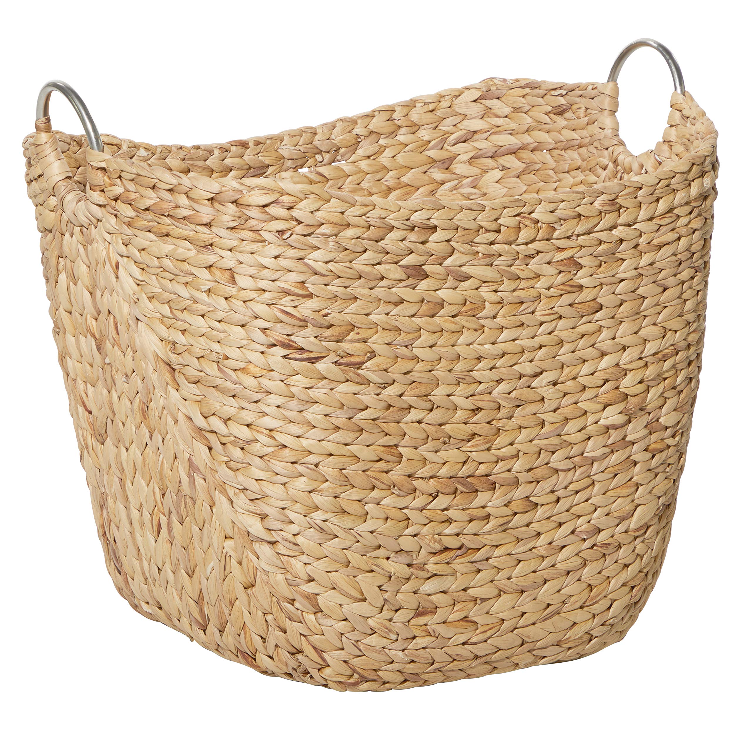 Deco 79 Seagrass Handmade Large Woven Storage Basket With Ring Metal Handles, 21'' X 17'' X 19'', Brown