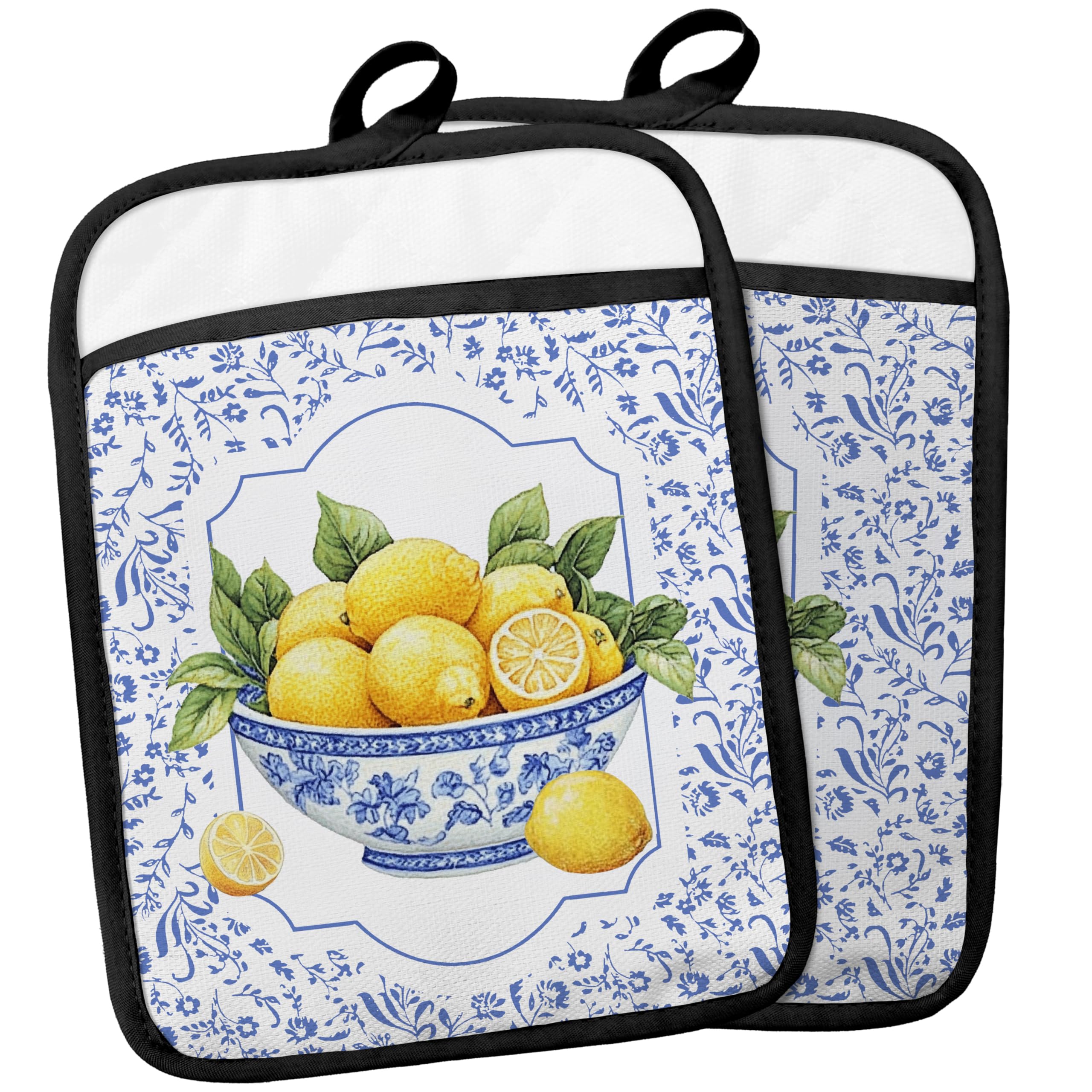 Blue and White Floral Lemon Pot Holders with Pockets, Lemon Gifts Pot Holders Heat Resistant Oven Mitts Hot Pads for Kitchen Bak