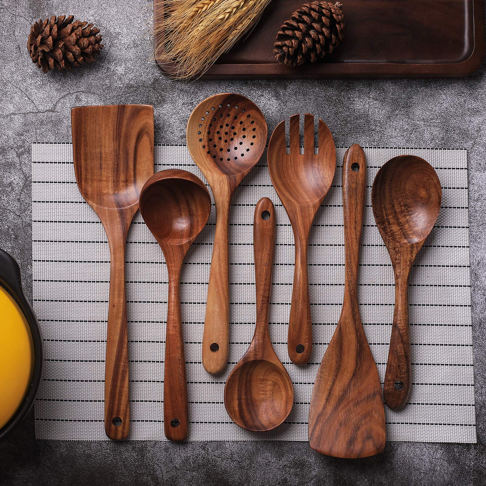 Wooden Non-Stick Kitchen Pan Toolset 7 Pieces Set,100% Natural Teak Kitchen Utensils Spatula, Wooden Cooking Utensils Spoons, Fr