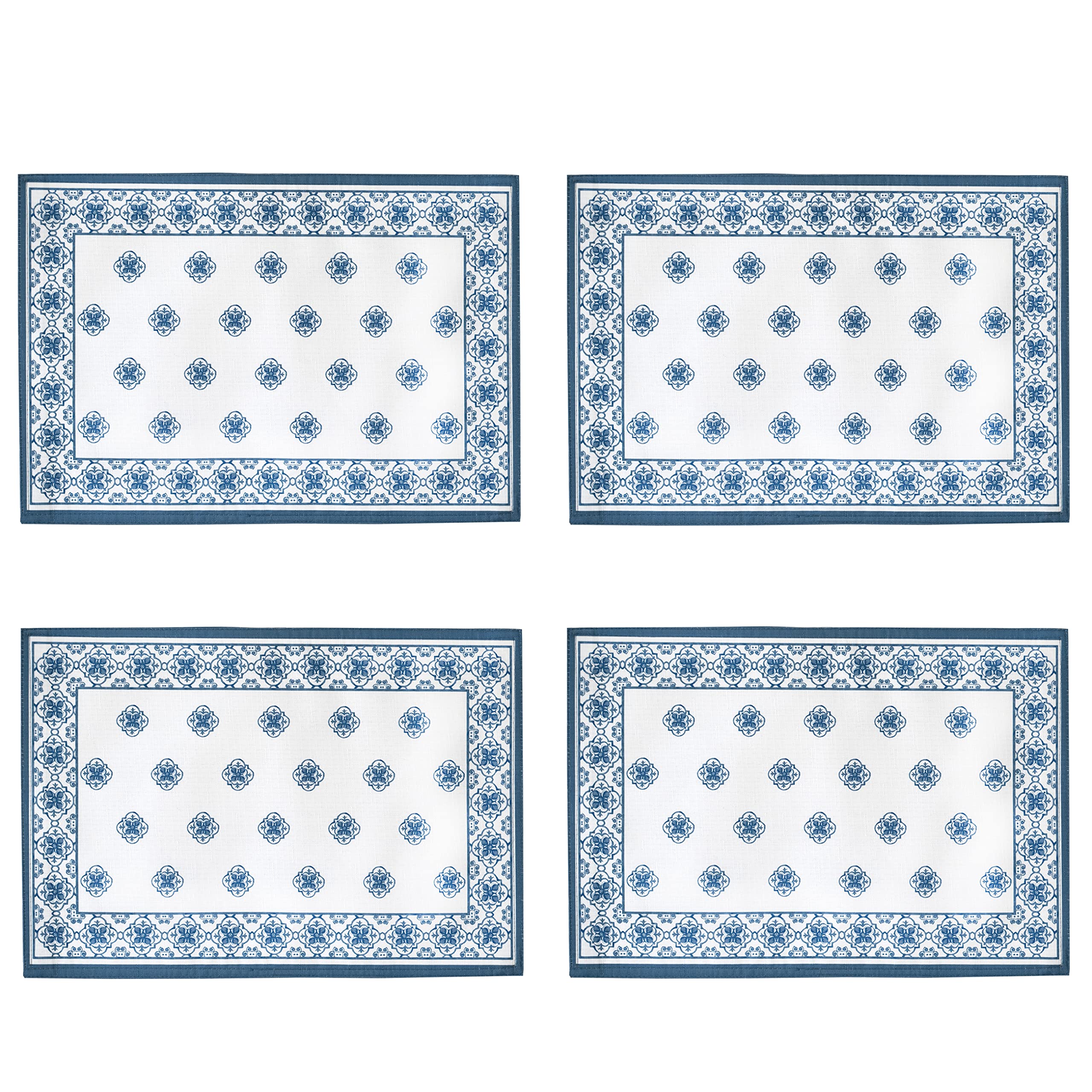 Newbridge Rectangle Fabric Placemats, Set Of 4 Placemats, Mykonos Blue Mediterranean, Indoor Outdoor Stain Resistant No-Iron Pla