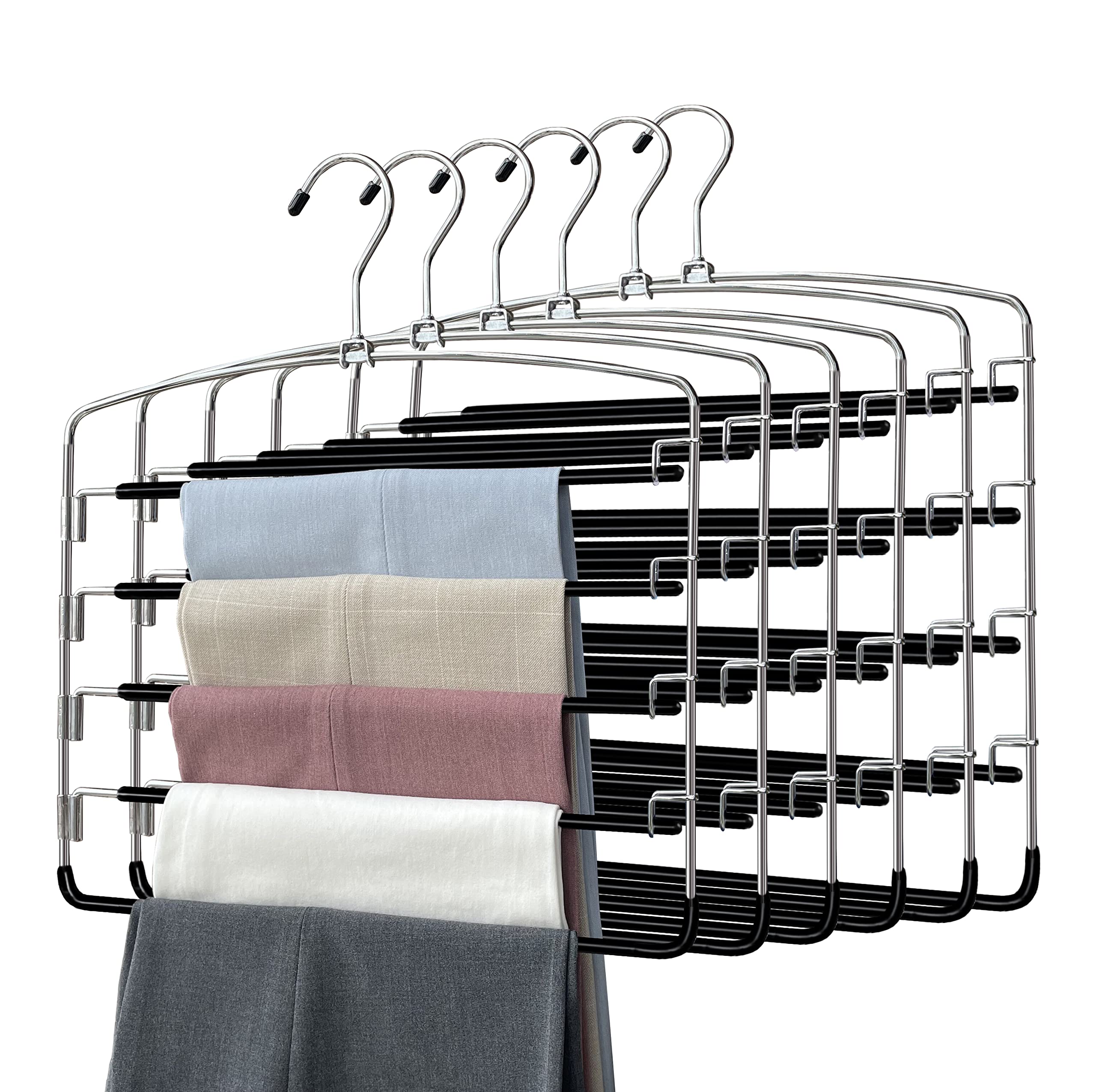 Pants Hangers 6 Pieces,5 Tier Closet Organizers And Storage Clothes Hangers,Hangers Space Saving With Swing Arm,Multiple Metal H