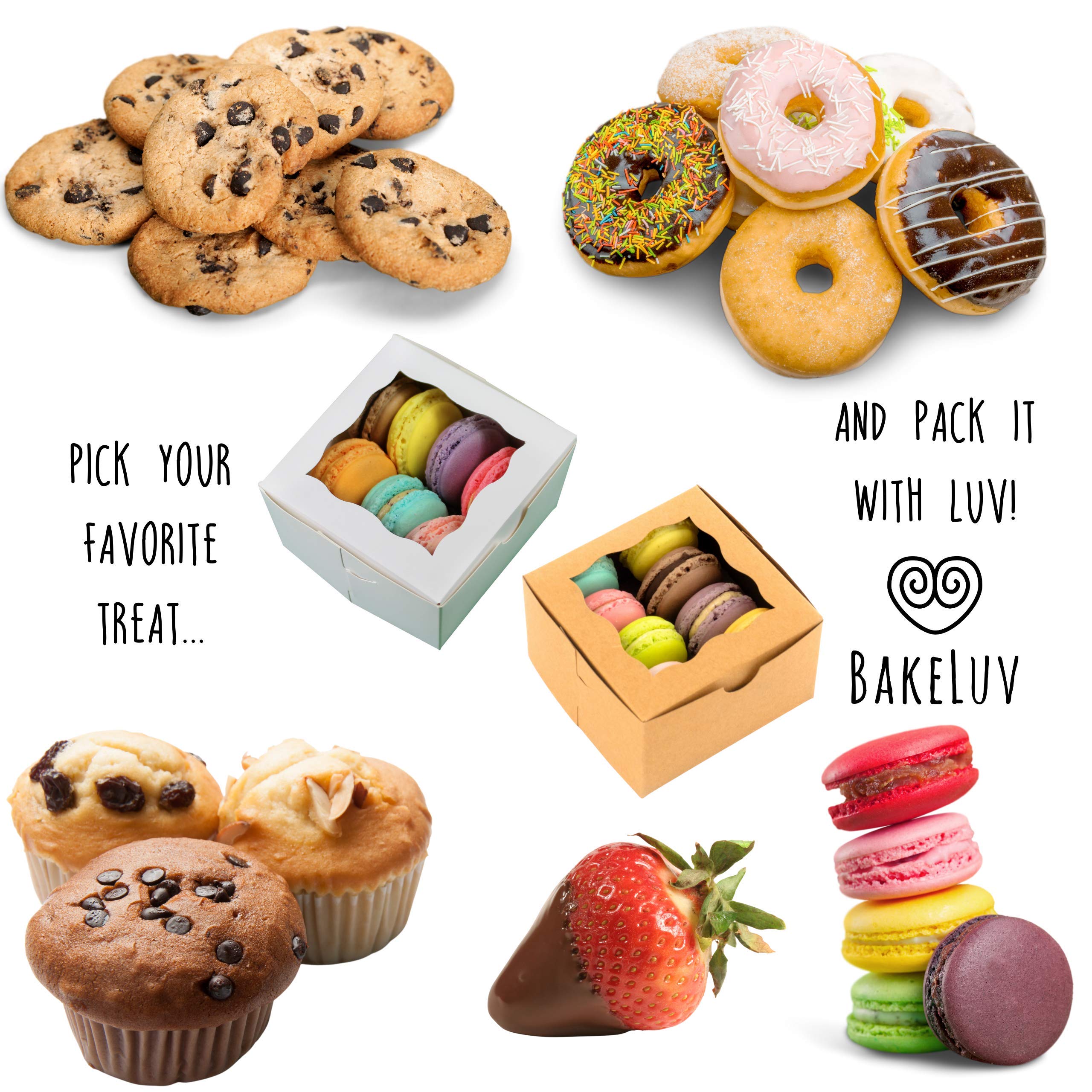 Bakeluv 4X4X2.5 Small Bakery Boxes With Window | White, 50 Pcs | Macaron Boxes, Mini Cake Boxes, Small Cookie Boxes For Gift Giv