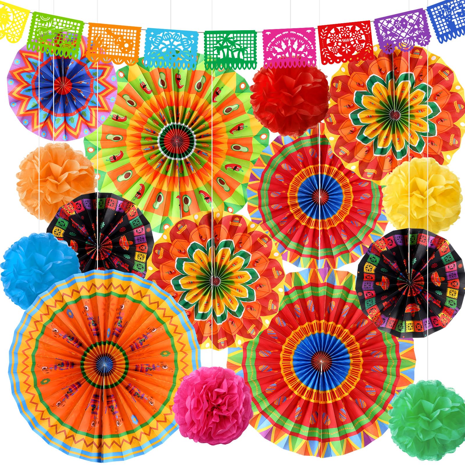 Outus 24 Pcs Mexican Fiesta Party Decorations Cinco De Mayo Decor Halloween Hanging Paper Fans Day of The Dead Banners Taco Tiss