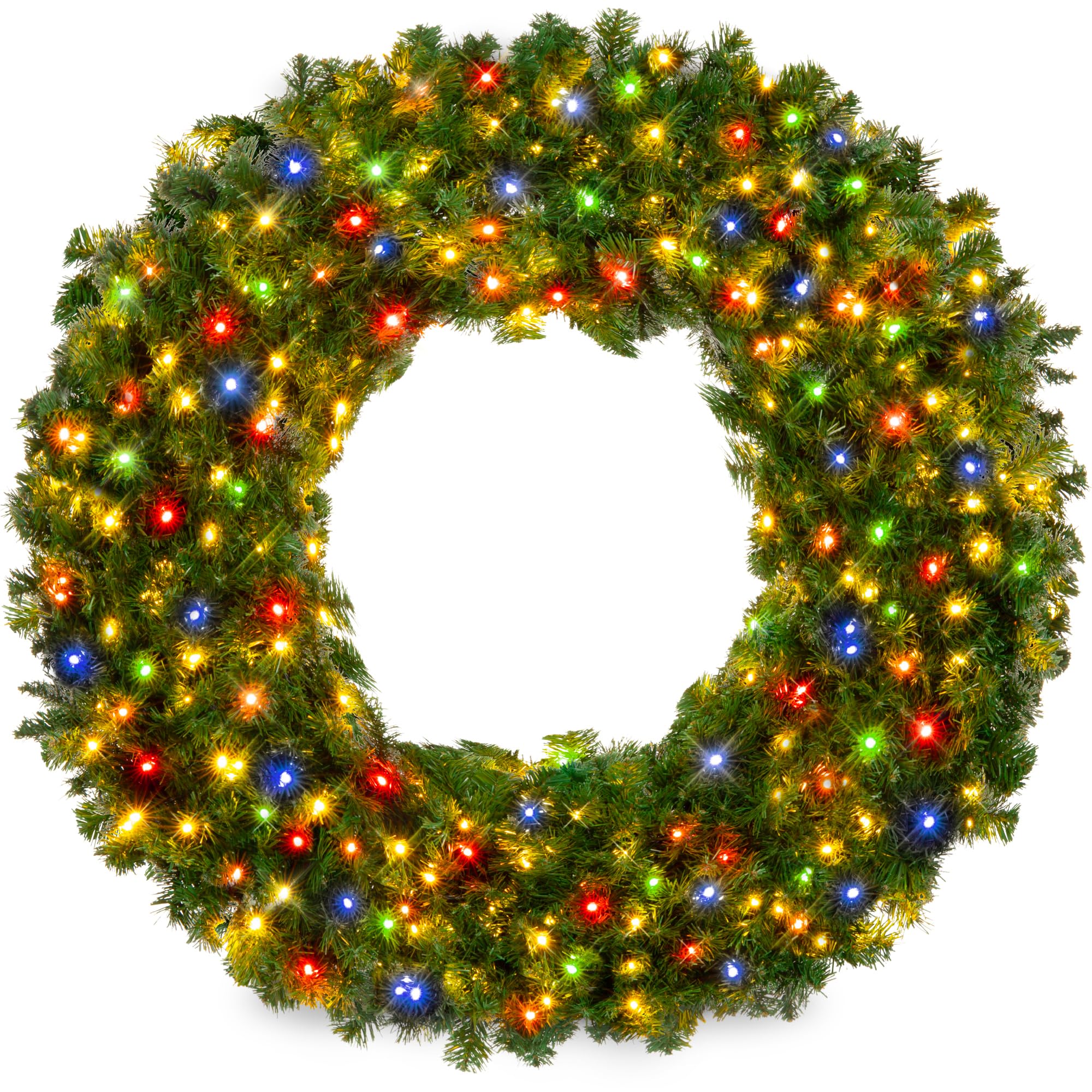 Best Choice Products 24in Large Artificial Pre-Lit Fir Christmas Wreath Holiday Accent Decoration w/ 50 Multicolor Lights, 100 P