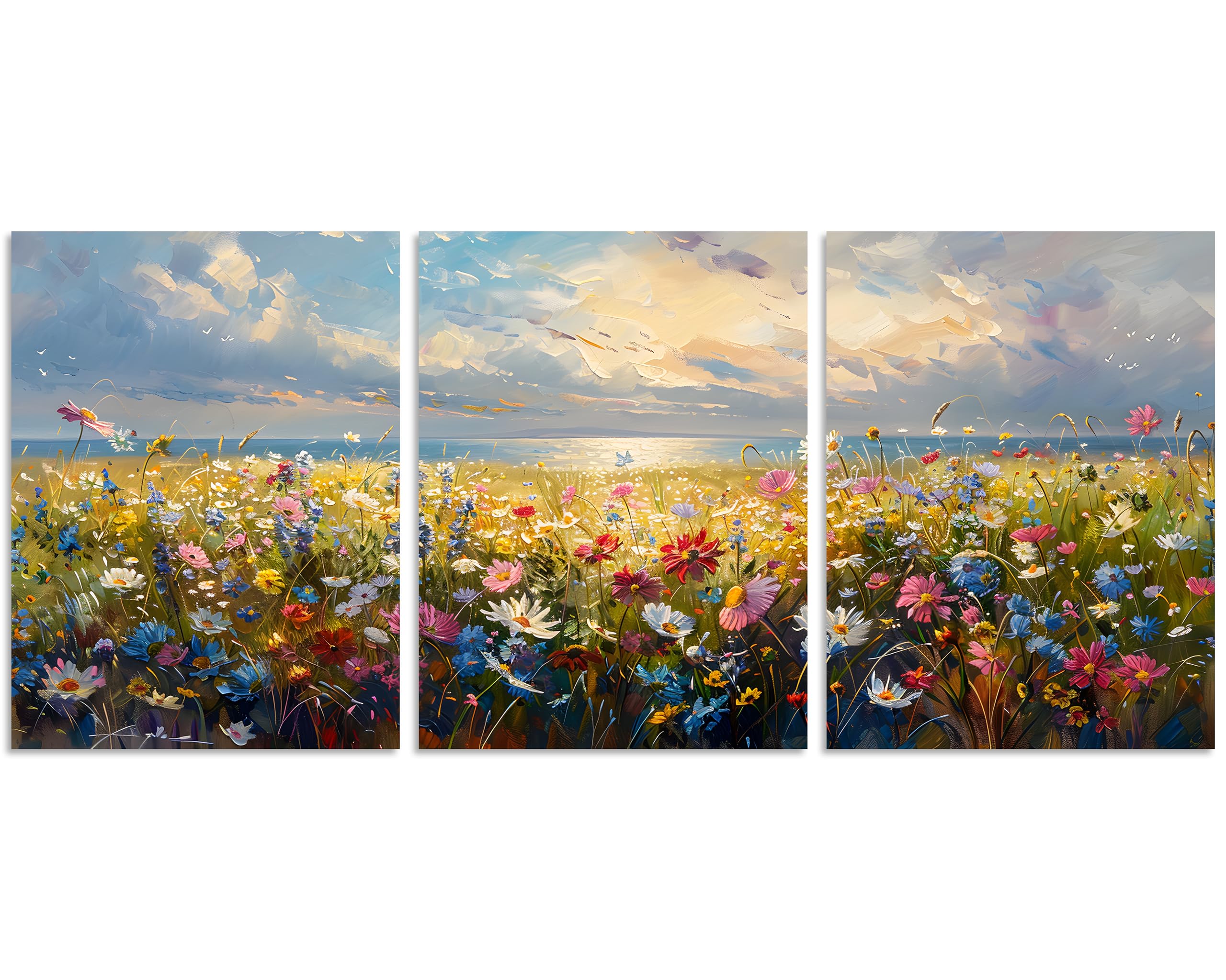 Tutubeer 3 Pcs Wildflower Field Artwork Rustic Wildflower Field At Beach Vintage Wall Art Canvas Prints Wild Flower Wall Art Rus