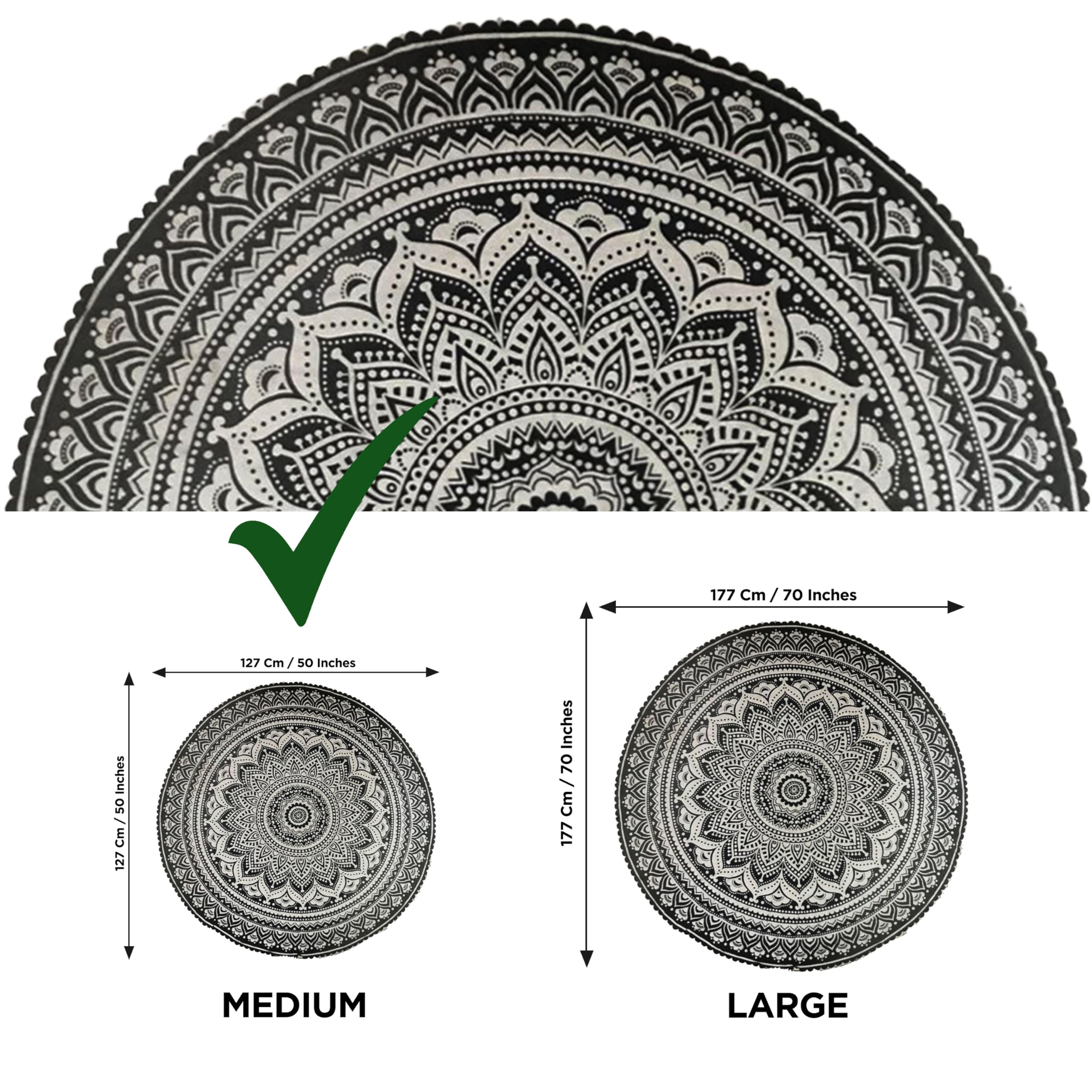 Raajsee Grey Black Round Beach Tapestry Hippie/Boho Beach Blanket Mandala Roundie/Indian Cotton Throw - Round Tablecloth/Home De