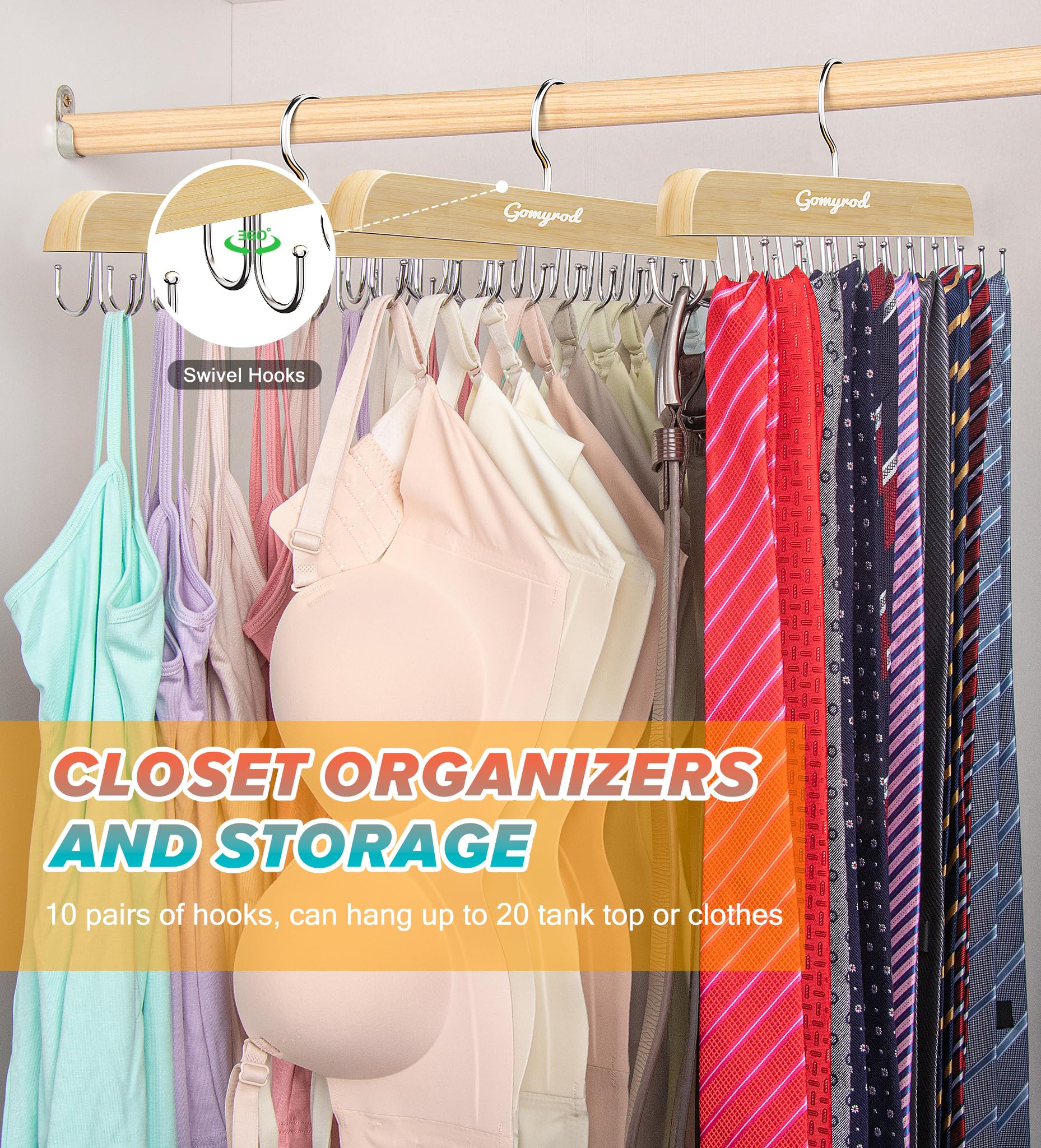 Gomyrod Bra Hanger For Closet, Tank Top Hanger W/20 Hooks Capacity Foldable Wood Space Saving Hangers, 360Rotating Closet Organi