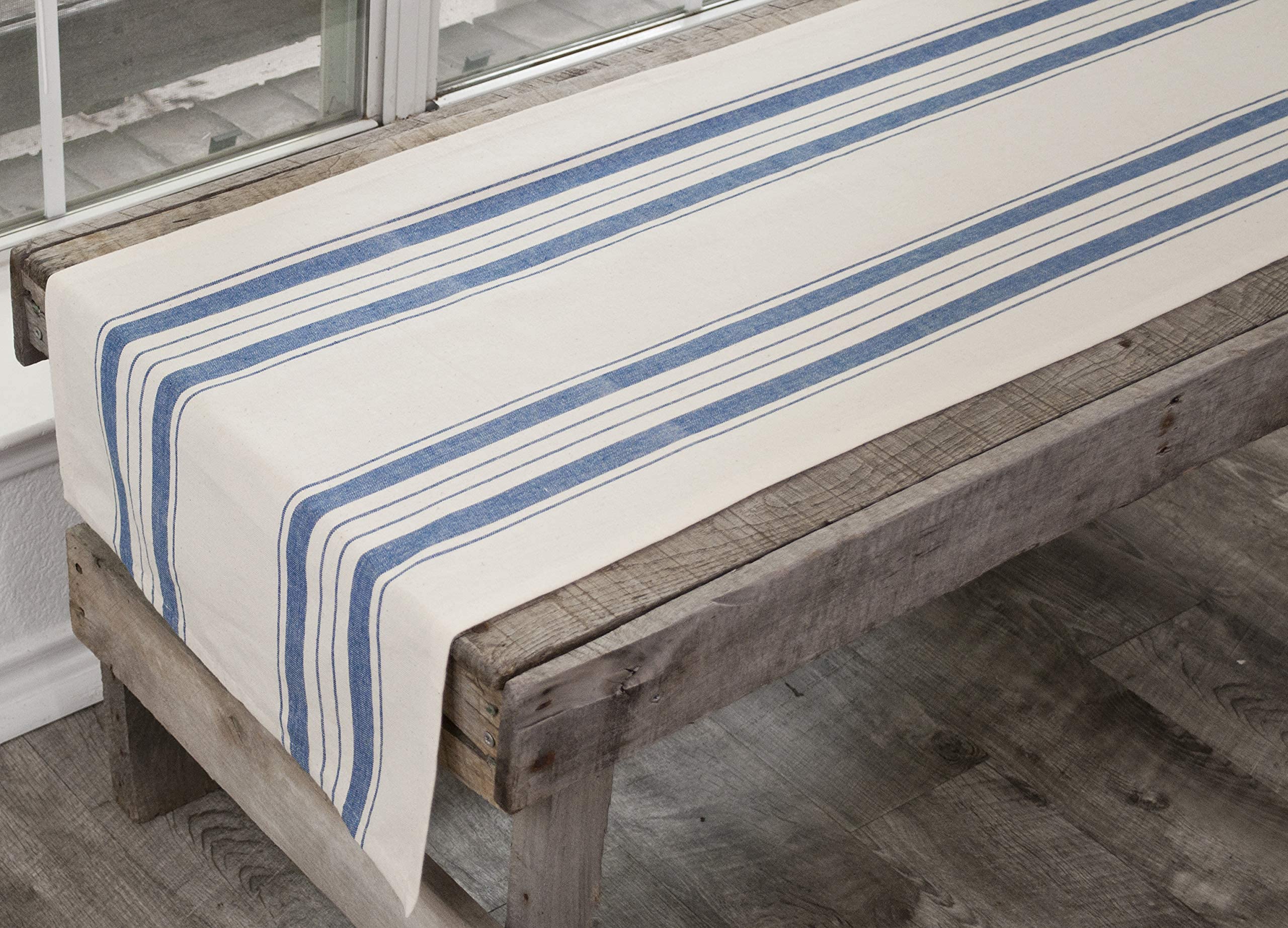 Cotton Table Runner, Dresser Scarf, Coffee Table Runner, In Blue Beige Farmhouse Rustic Decor (16Wx88.5L)