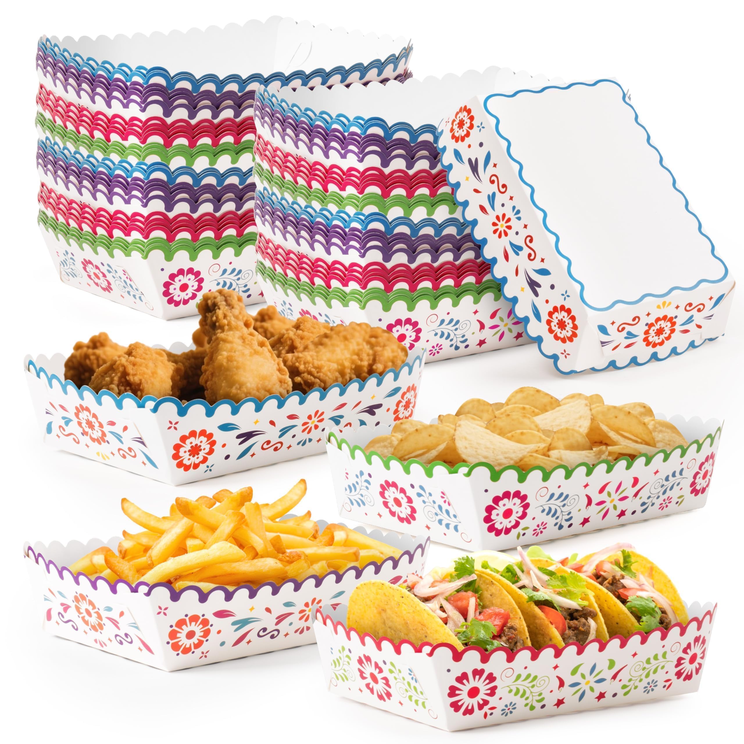 AsodSway Mexican Taco Nights Food Trays - 60 Hispanic Heritage Month Mexican Flowers Wavy Edge Unassembled Tray Nacho Snack Cand