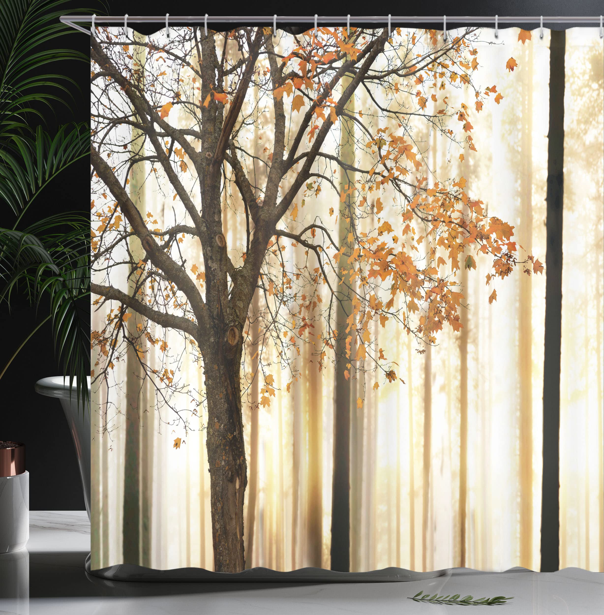 Ambesonne Autumn Shower Curtain, Picture Of A Fall Tree Orange Shade Leaf On An Abstract Woodland Background, Cloth Fabric For B