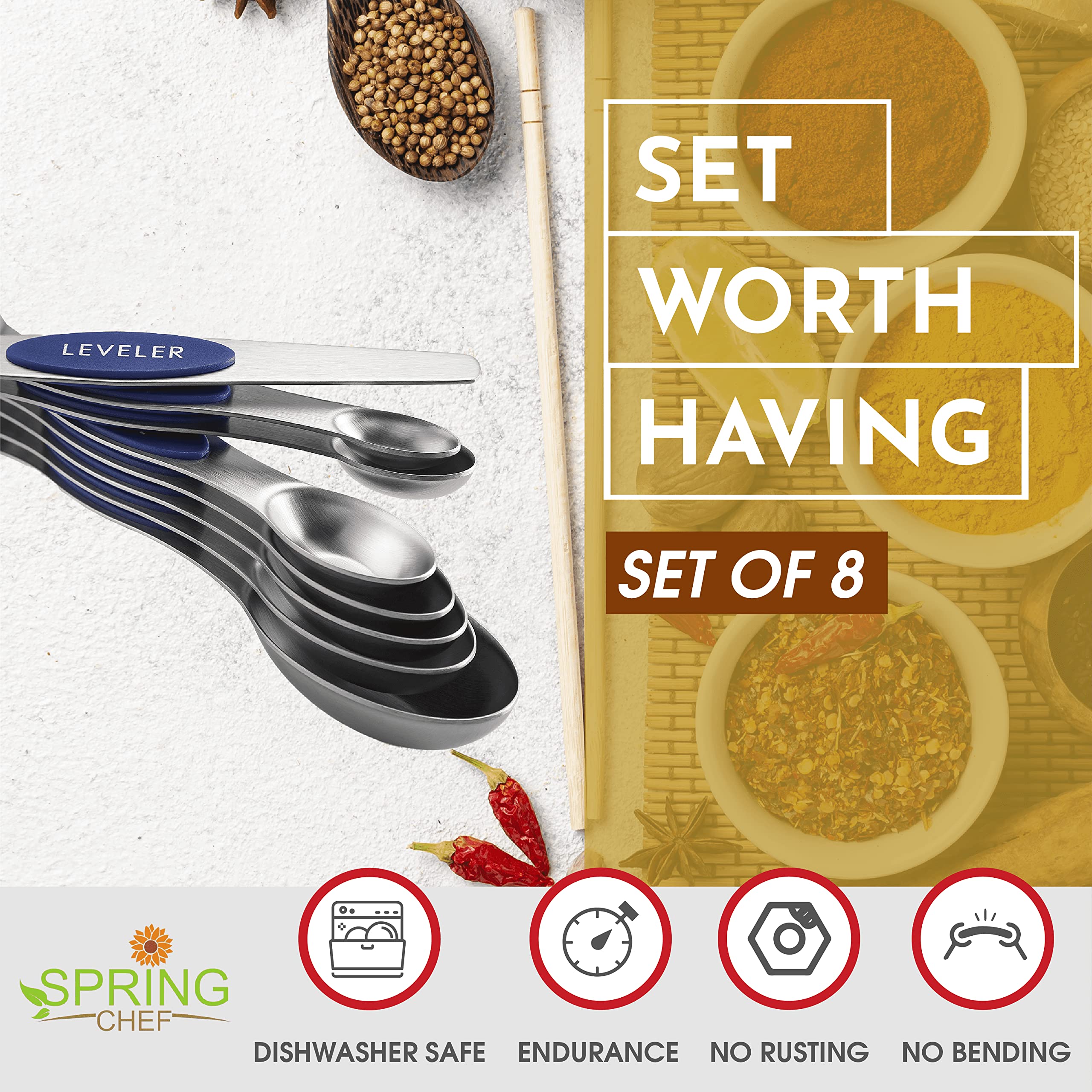 Spring Chef Stainless Steel Magnetic Measuring Spoons Set Of 8 With Leveler, Heavy Duty Teaspoon & Tablespoon Measuring Spoons W