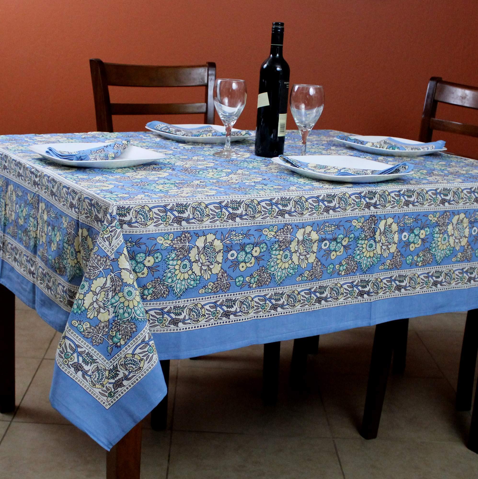 India Arts French Country Floral Print Tablecloth Square Cotton Table Linen Beach Sheet Beach Throw (Blue, Tablelcoth 72 x 72 in