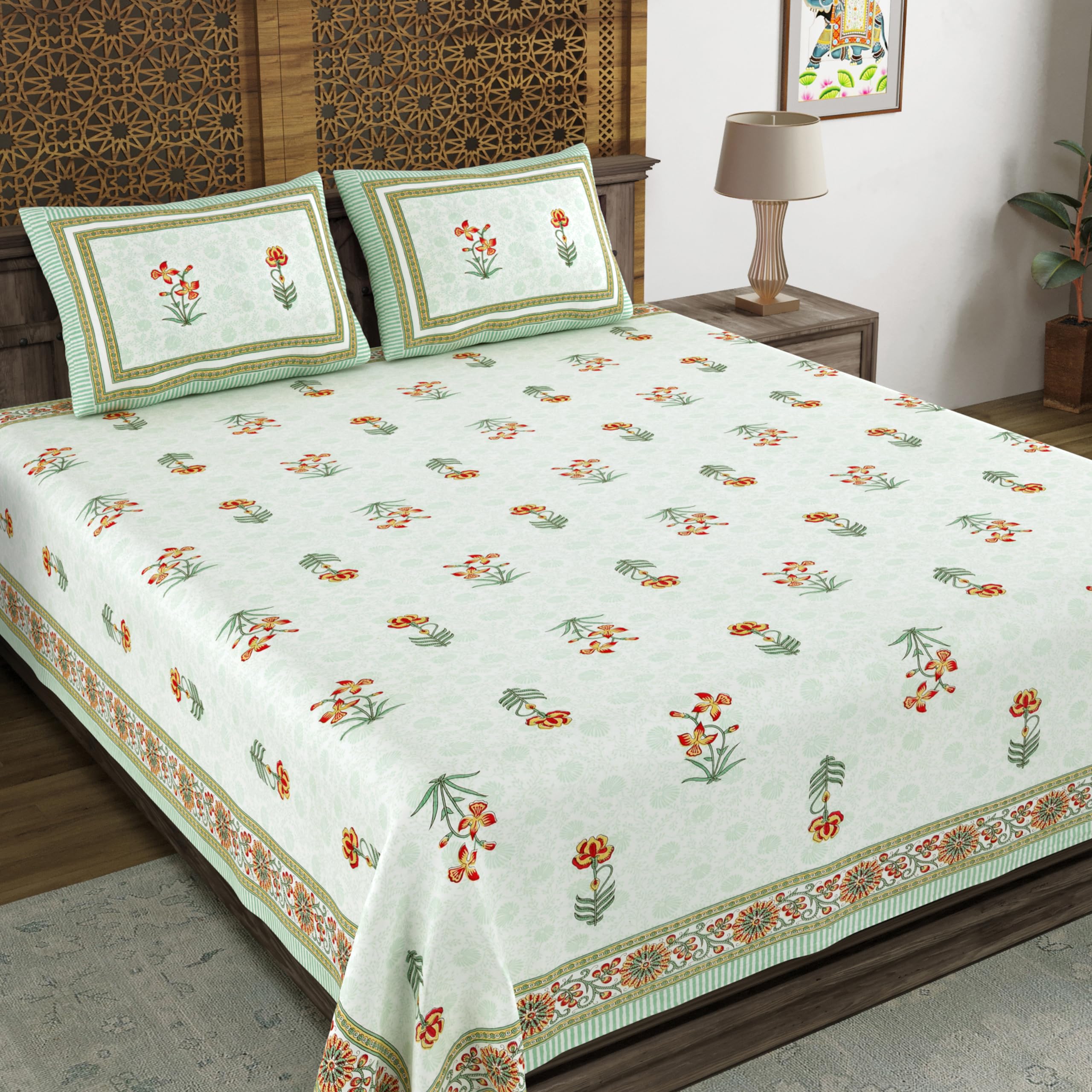 Blocks Of India Hand Block Printed 200 Tc Cotton King Size Bedsheet (Green Red Flower)
