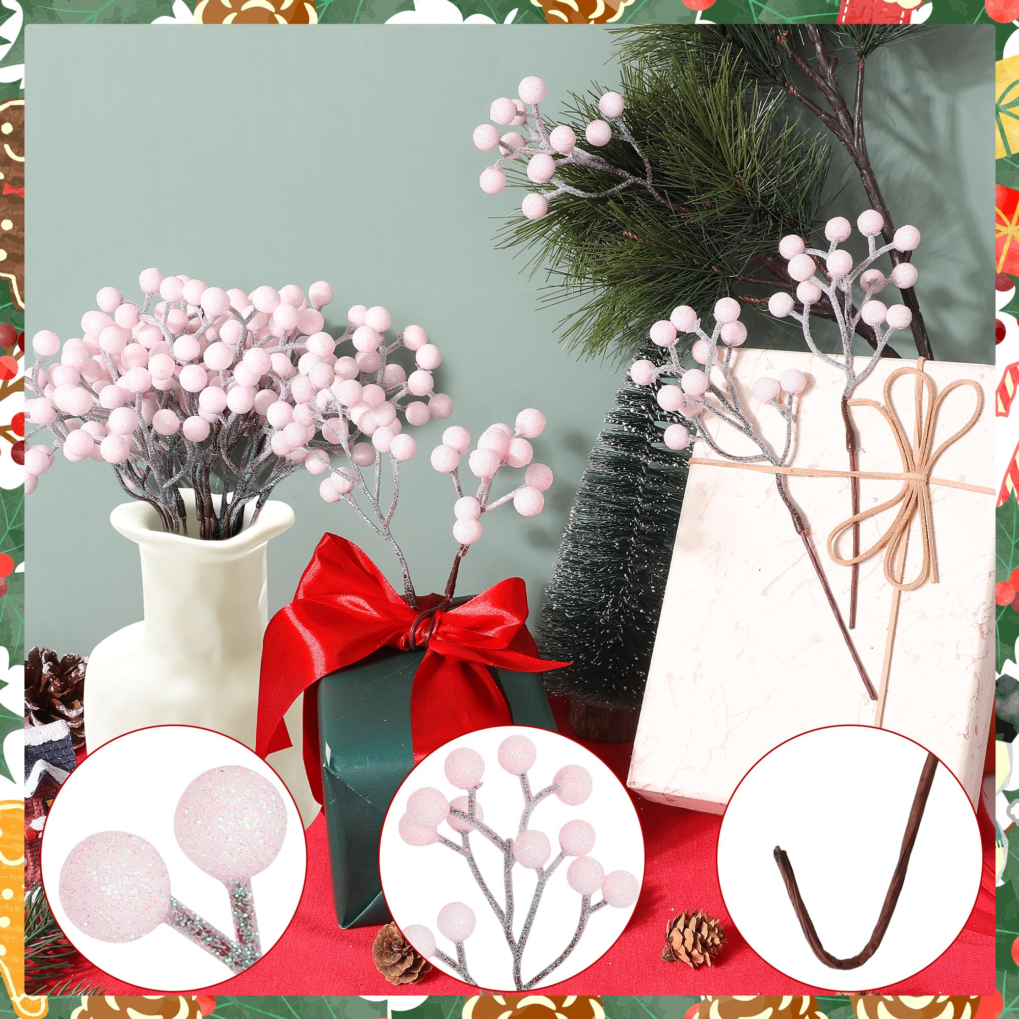 Vipay 24 PCS Berry Stems, 7.08 in Glitter Pink Christmas Tree Decor, Artificial Christmas Berry Branches Xmas Picks for Craft Fl