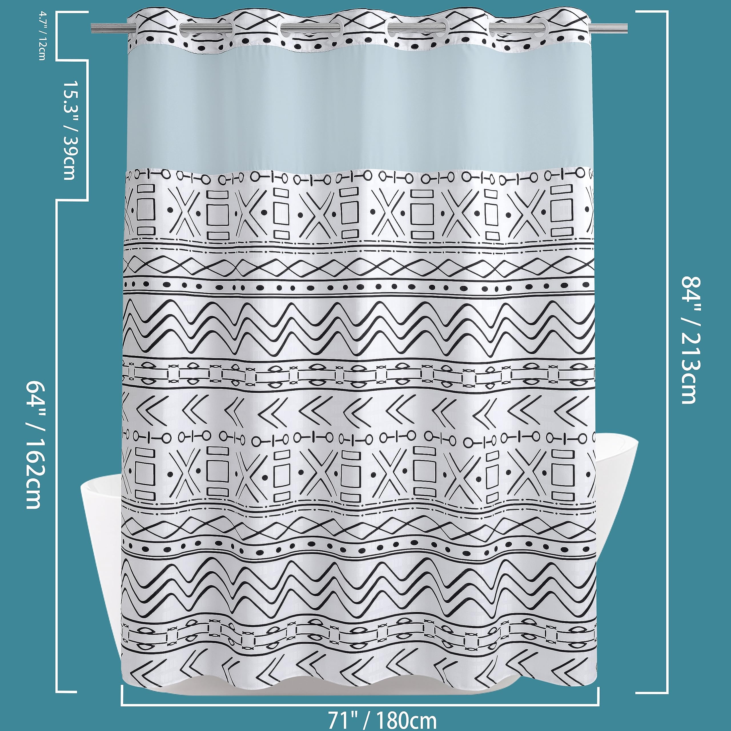 Conbo Mio Boho Shower Curtain Shower Hotel Fabric White Shower Curtain with Snap in Liner for Bathroom Machine Washable Waterproof Repellent Shower Curtain (Check-Boho White 71''(W) x 84''(H))