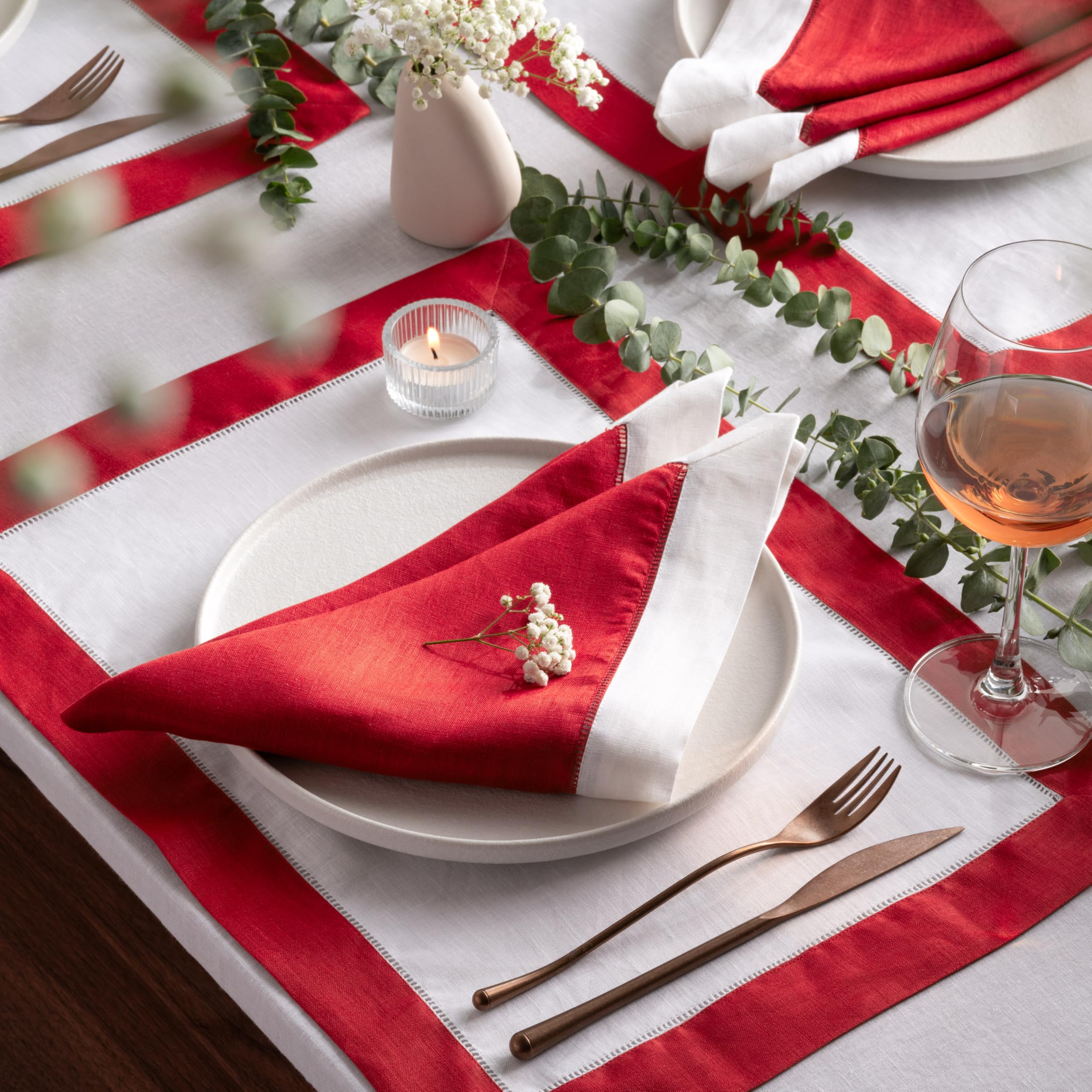 Linen Placemats Set Of 4-100% Flax Linen White And Red Placemats 14 X 19 Inch - Classic Hemstitch Placemats Washable For Fall, H