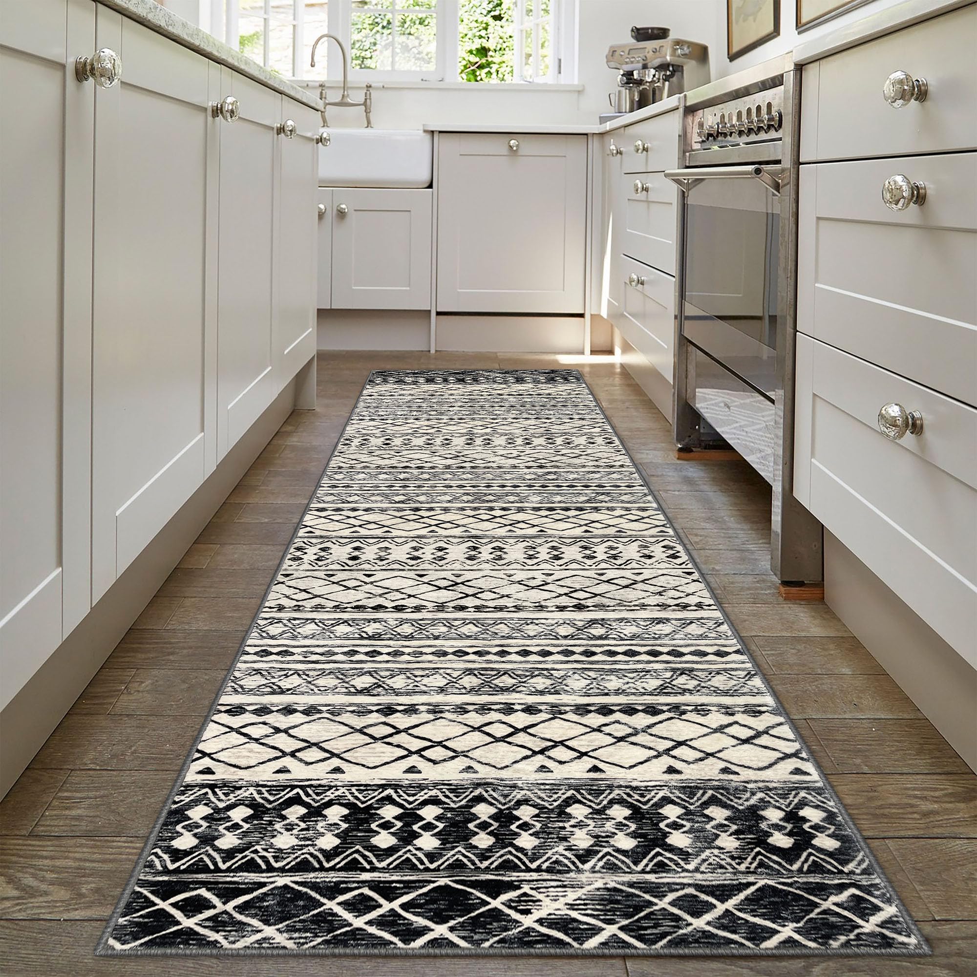 KUTA Moroccan Washable Runner Rug 2.6x8, Non-Slip Vintage Black Navy Blue Boho Hallway Kitchen Runner Rug Ultra Soft Geometric C