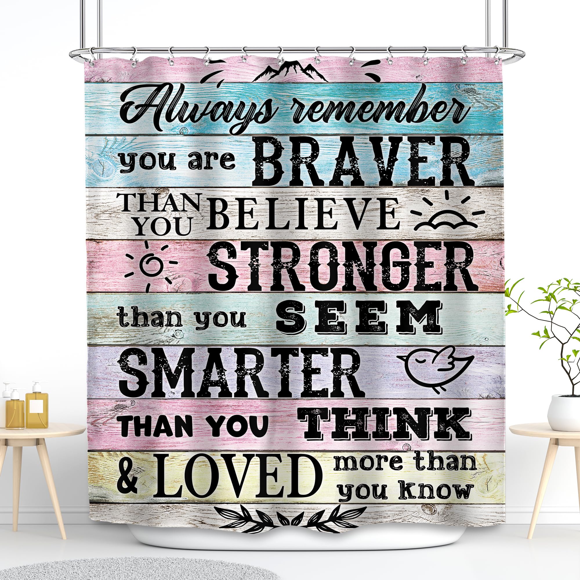 Svbright Inspirational Quotes Shower Curtain 60Wx72L Inch Rustic Motivational Words Wooden Plank Positive Blue Pink Farmhouse Gi
