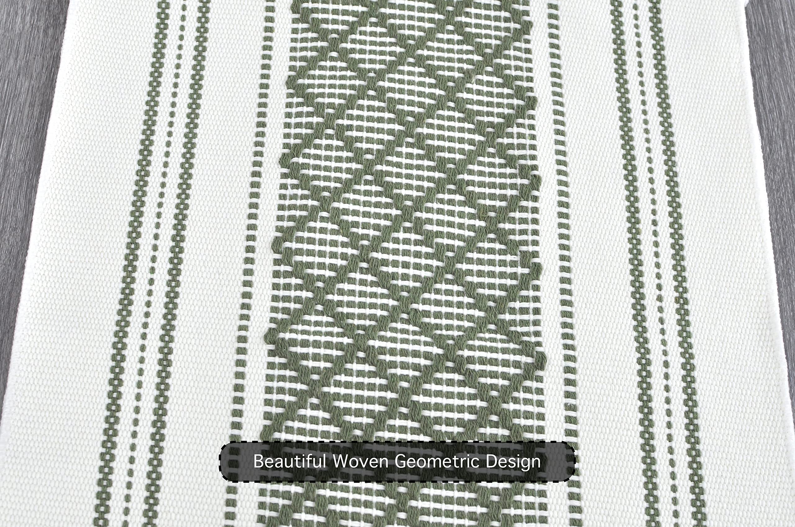 Oveesha Boho Dining Table Runner With Fringes 14 X 72 Inches, Olive Green & Cream / Woven Washable Dresser Scarf For Bedroom, Fa