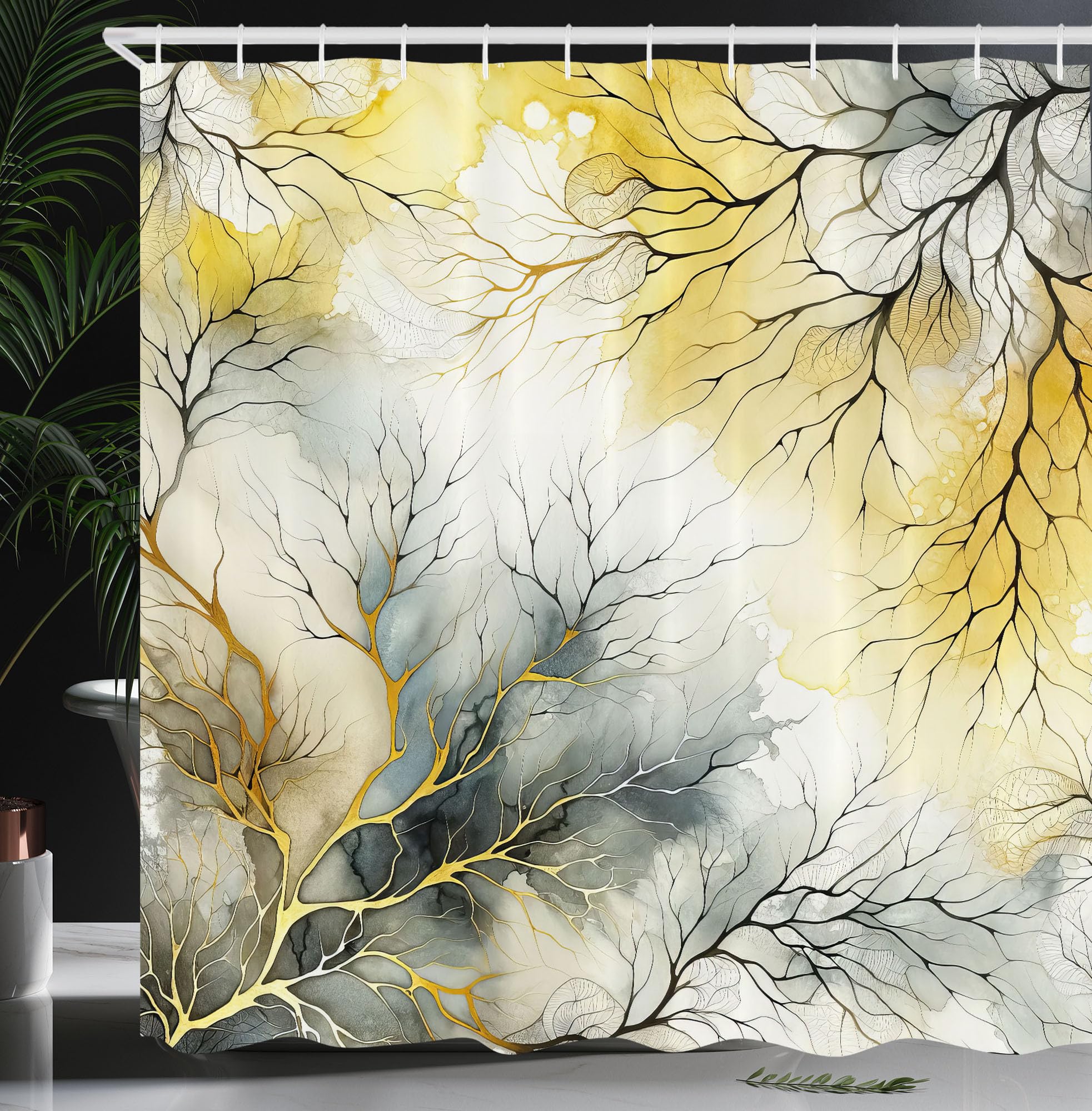 Ambesonne Yellow Shower Curtain, Modern Watercolor Look Backdrop With Leafless Branch Huddle Print Boho, Cloth Fabric Bathroom D