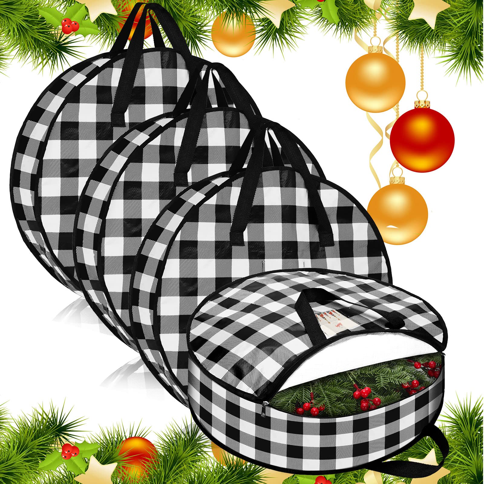 Sadnyy 4 Pcs Christmas Wreath Storage Bag 24 Inch&30 Inch Large Wreath Storage Container Buffalo Plaid Garland Container Waterpr