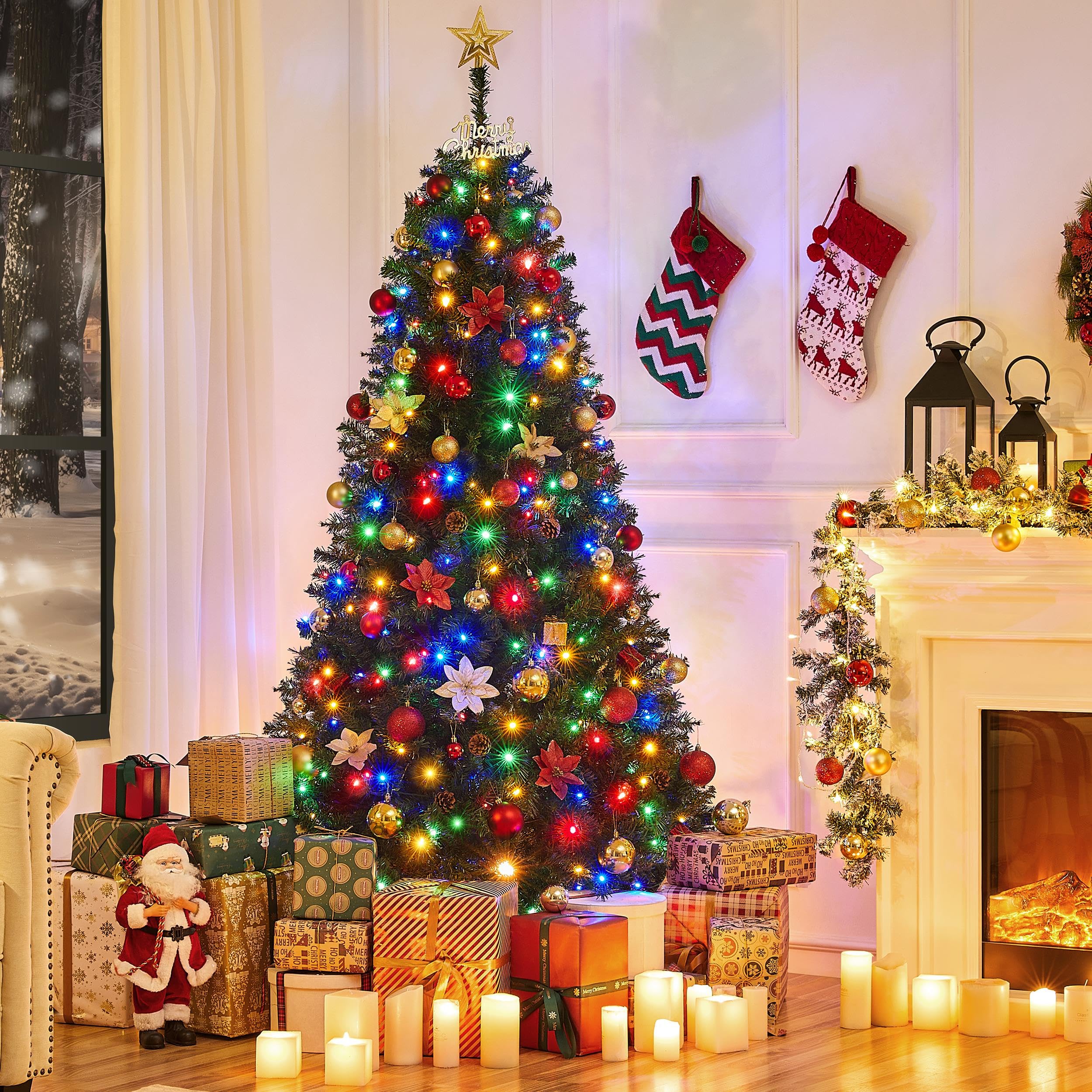 Yaheetech 6ft Pre-lit Spruce Artificial Christmas Tree Hinges Tree with 300 Multicolor LED Lights & 818 Branch Tips & Metal Stan