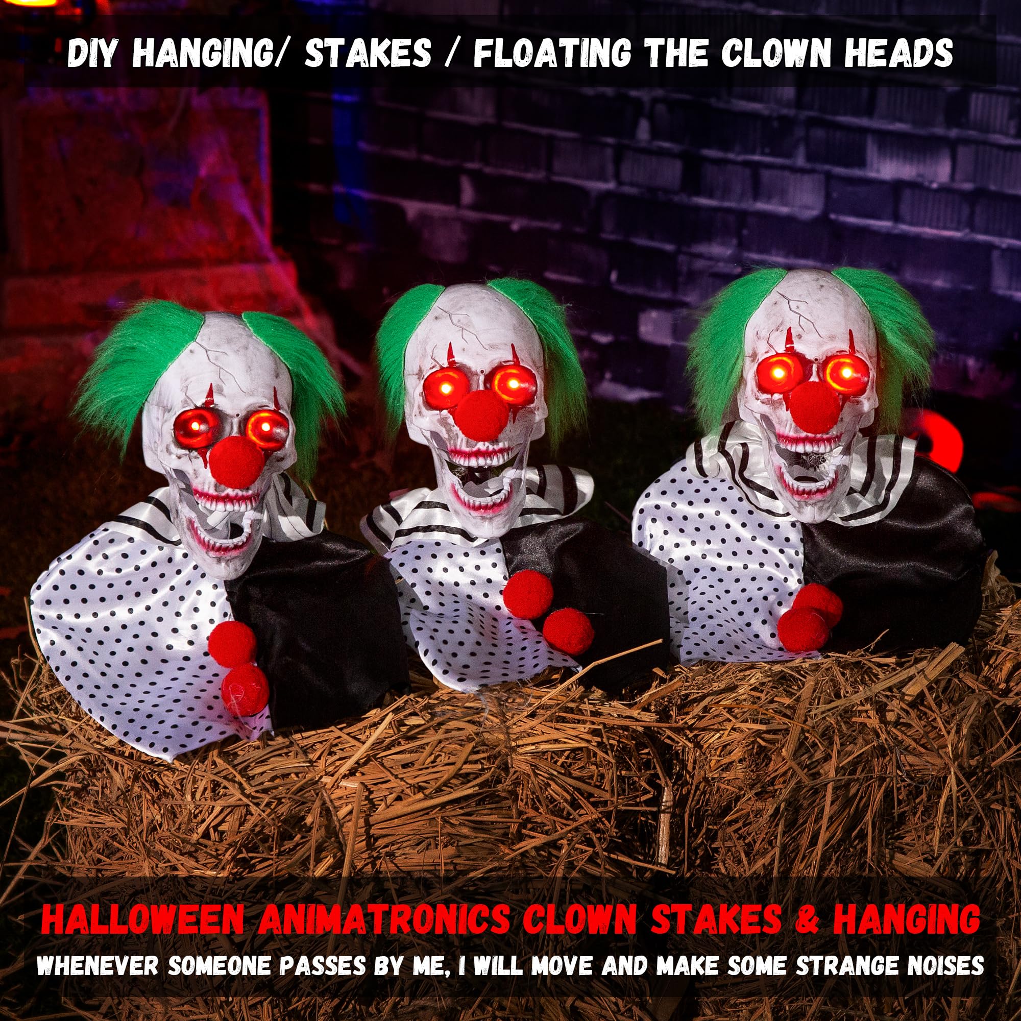 Halloween Animatronics Clown Pathway Markers Decorations, Hanging Animated, Floating Scary Skull with Stakes, Sound Activated, T