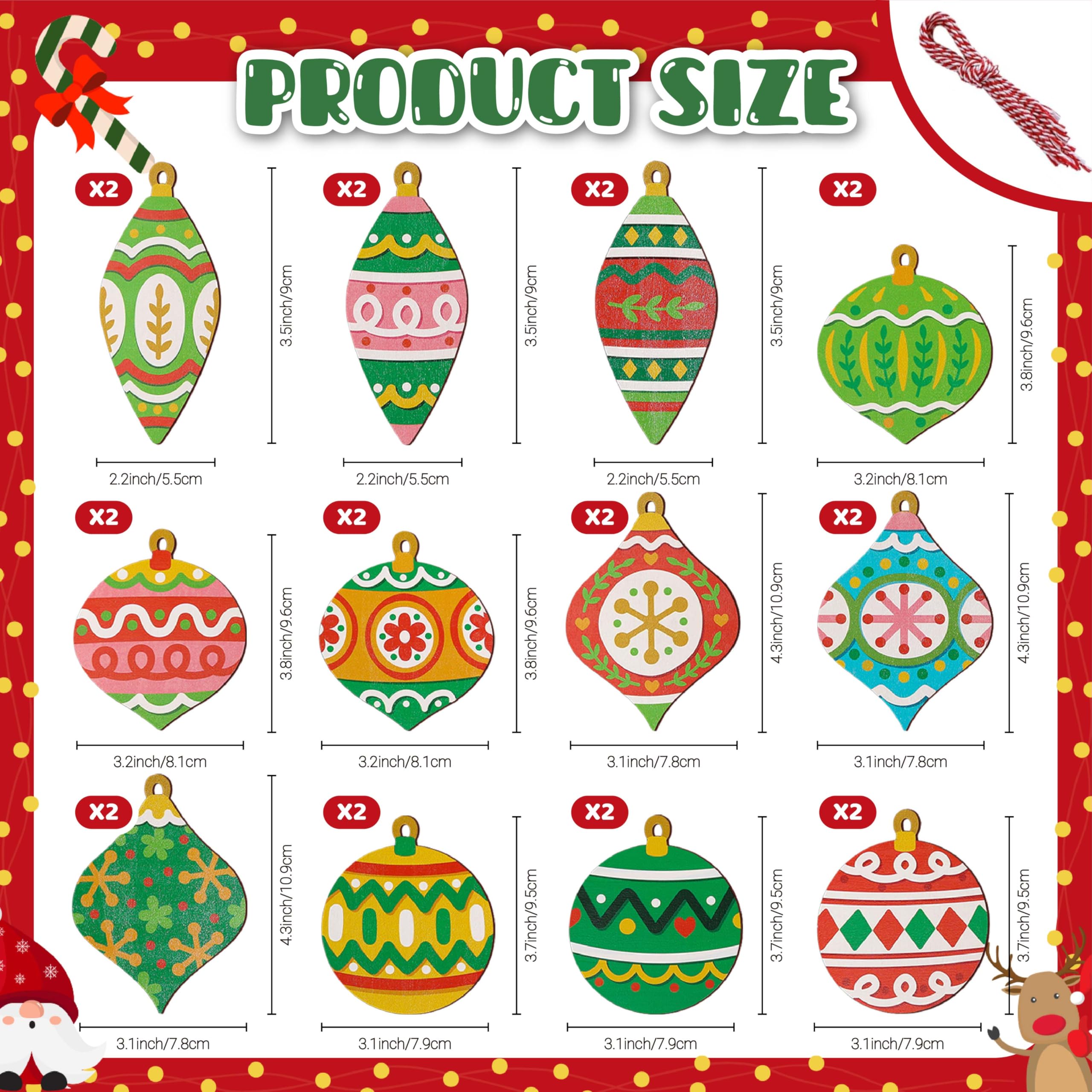 24 PCS Wooden Christmas Ornaments, 12 Styles Printed Christmas Tree Hanging Ornaments with Strings, Holiday Party Favors, Gift T