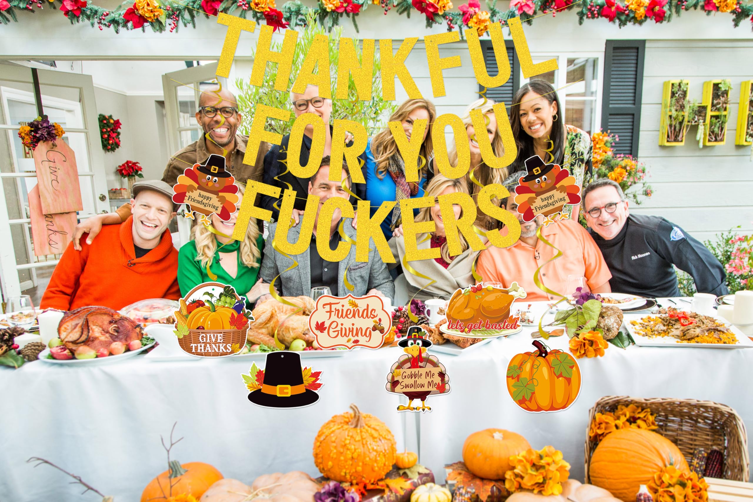 Thankful For You Banner,Gold Friendsgiving Decorations Banner With Hanging Swirls,Js2 Thanksgiving Party Decorations For Mantel