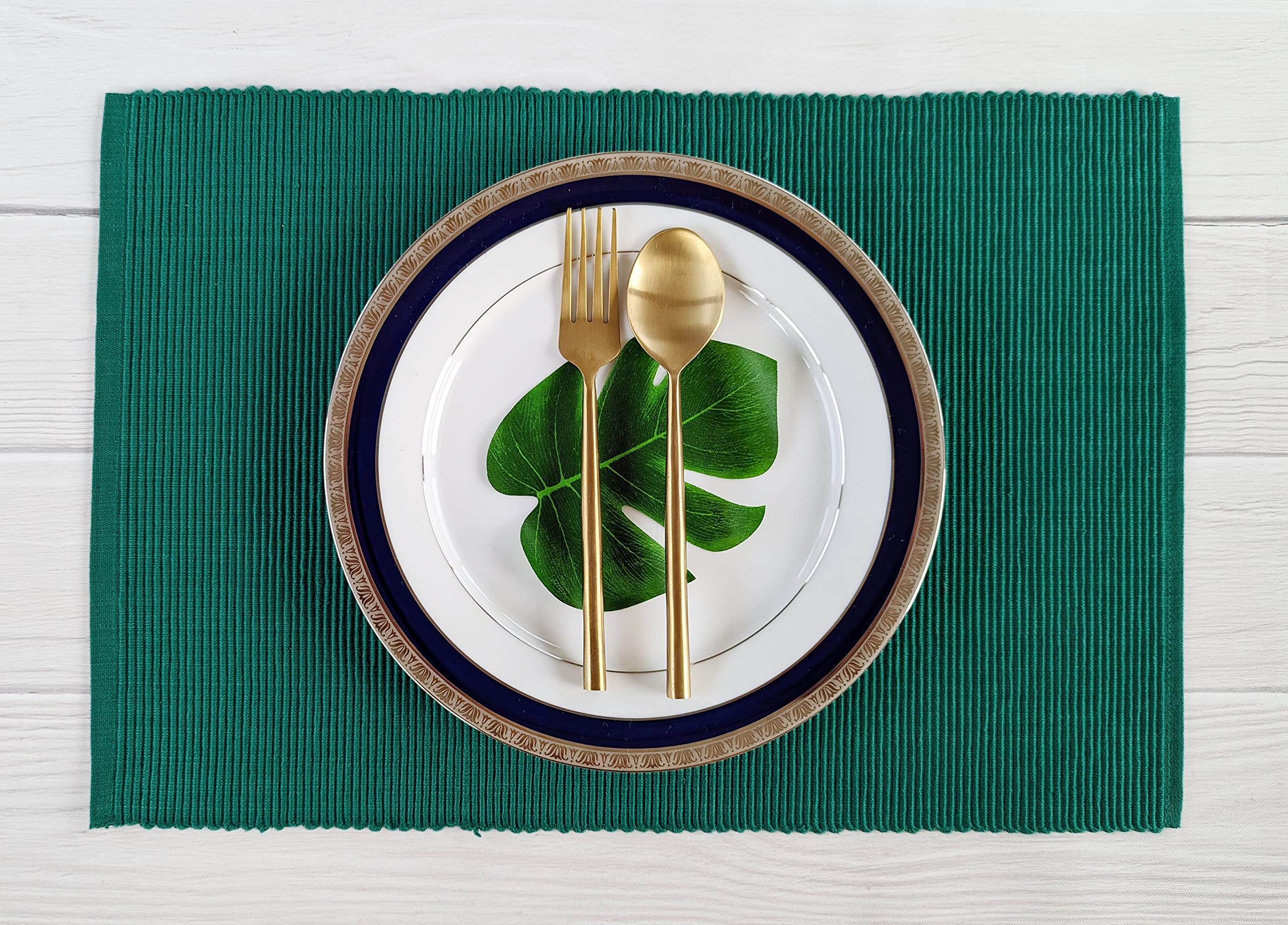 Avka Studio 100% Cotton Ribbed Placemats - Set Of 6-13 X 19 Inches - Peacock Green - Everyday Cloth Table Mats - Thick Construct