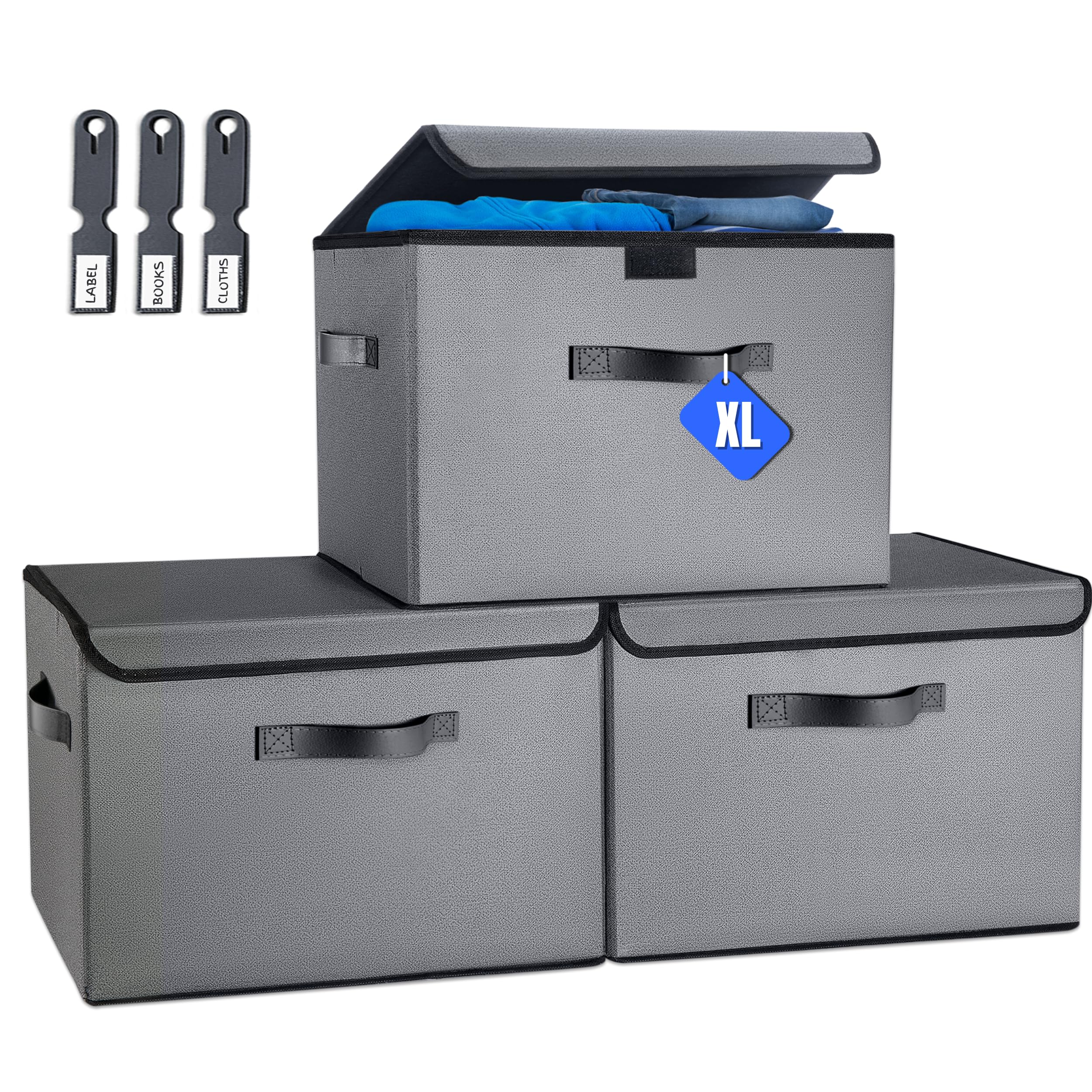 Extra Large 40L 3-Pack Collapsible Storage Bins With Lids, Stackable Storage Bins With Labels, Foldable Closet Linen Storage Box