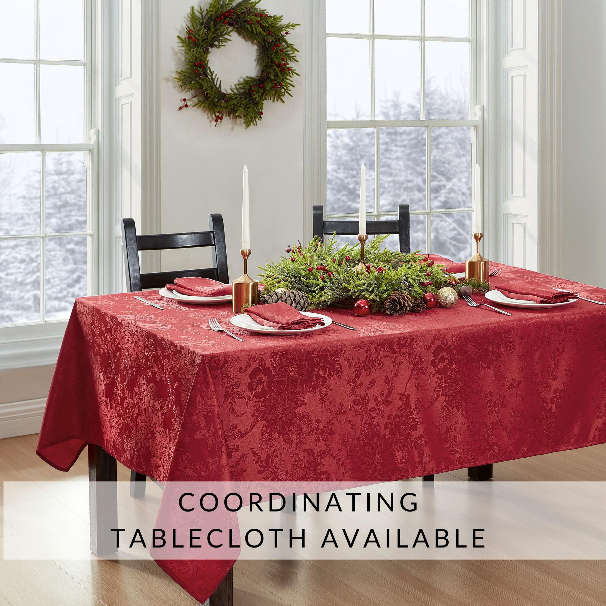 Elrene Home Fashions Poinsettia Elegance Jacquard Christmas/Holiday Rectangle Dining Placemat, Set Of 4, 13''X19'', Red
