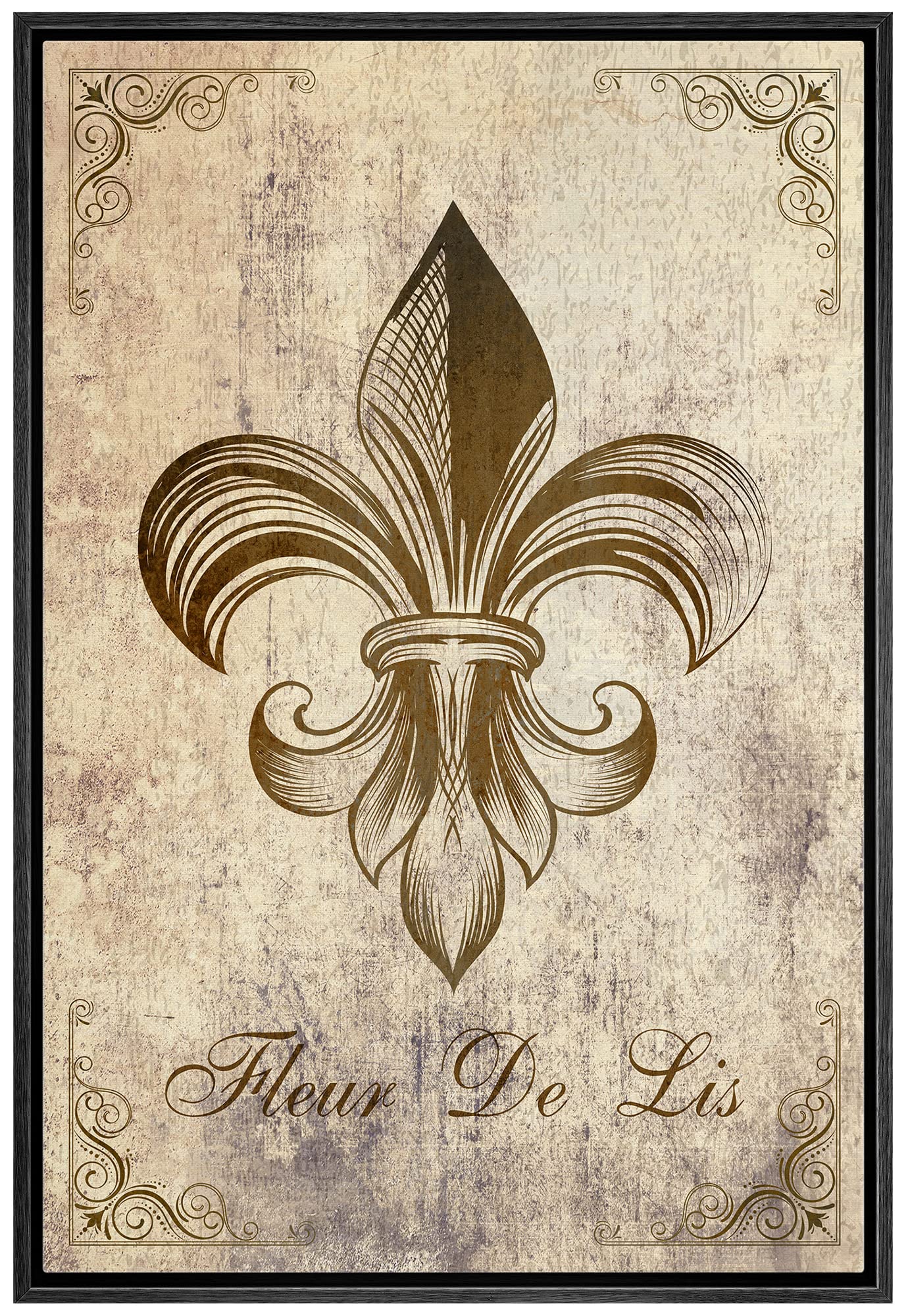 Wall26 - Framed Canvas Wall Art - Fleur De Lis Flower On Vintage Abstract Background - Gallery Wrap Modern Home Art | Ready To H