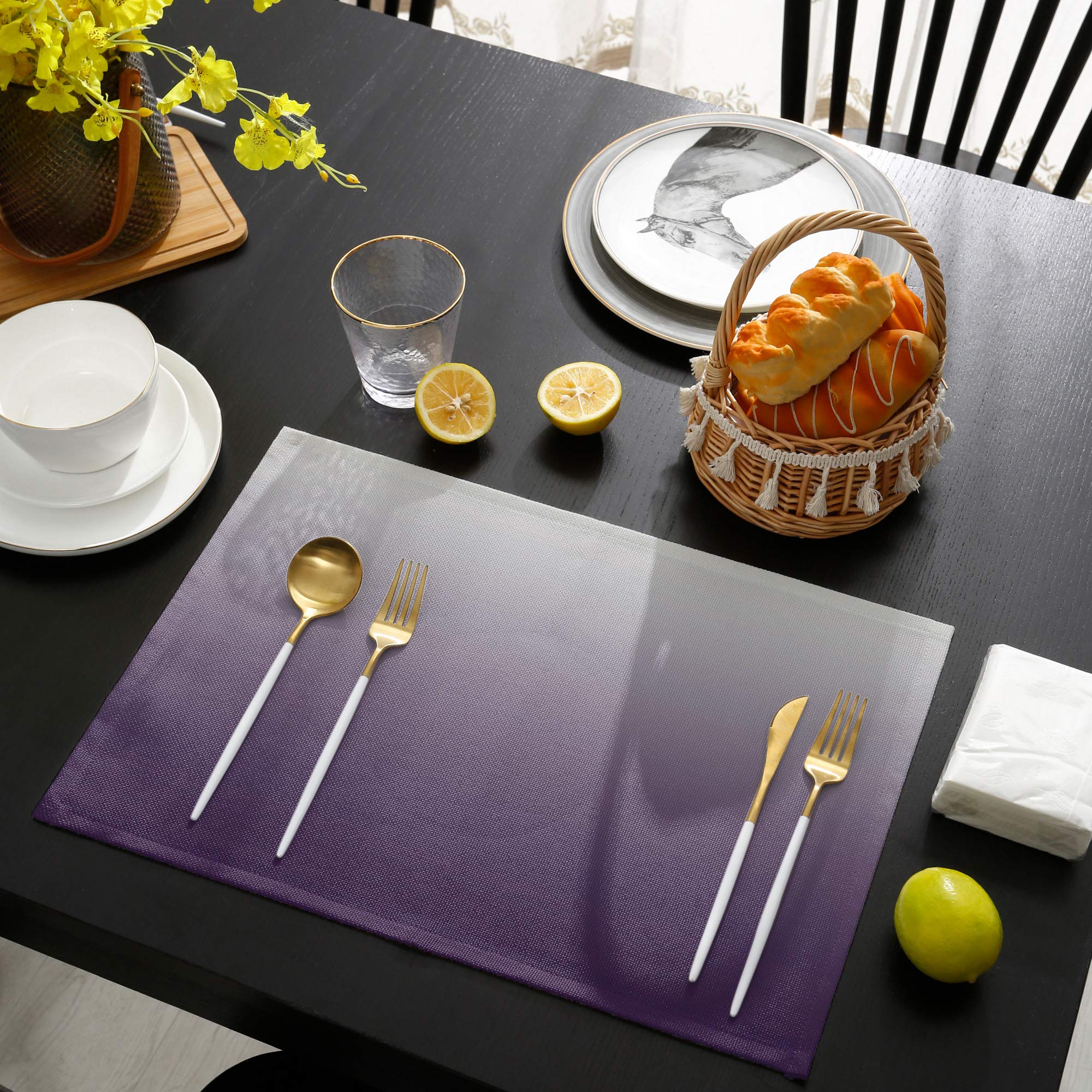 Placemats For Dining Table Set Of 6 Purple Gray Gradient Linen Table Mats For Kitchen Table Mat No-Skid Insulation Placemat Wash