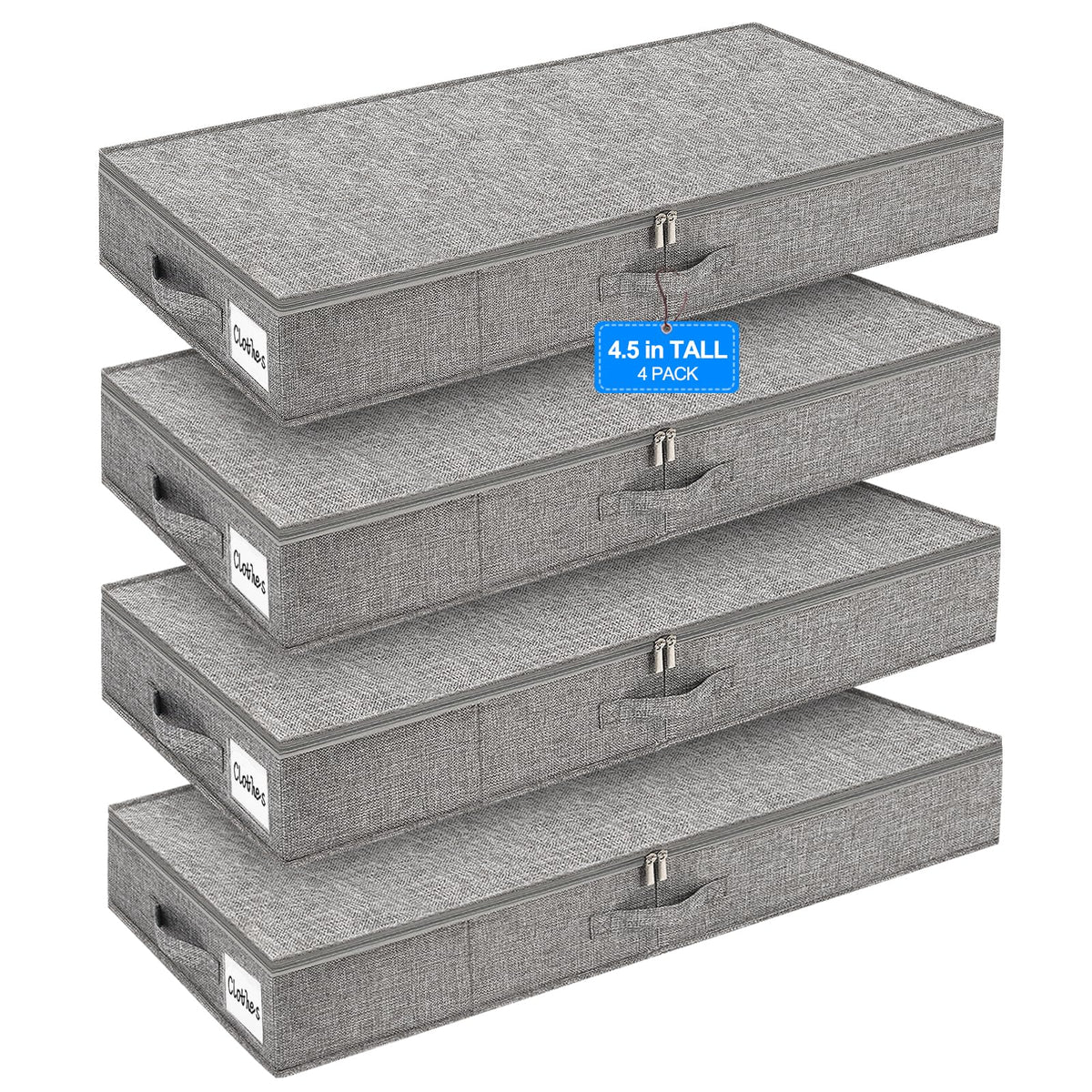 punemi 4Pack Under Bed Storage Containers Bins, 4.5 Inch High Low Profile Underbed Clothes Storage W/Sturdy Sidewalls & Bottom,