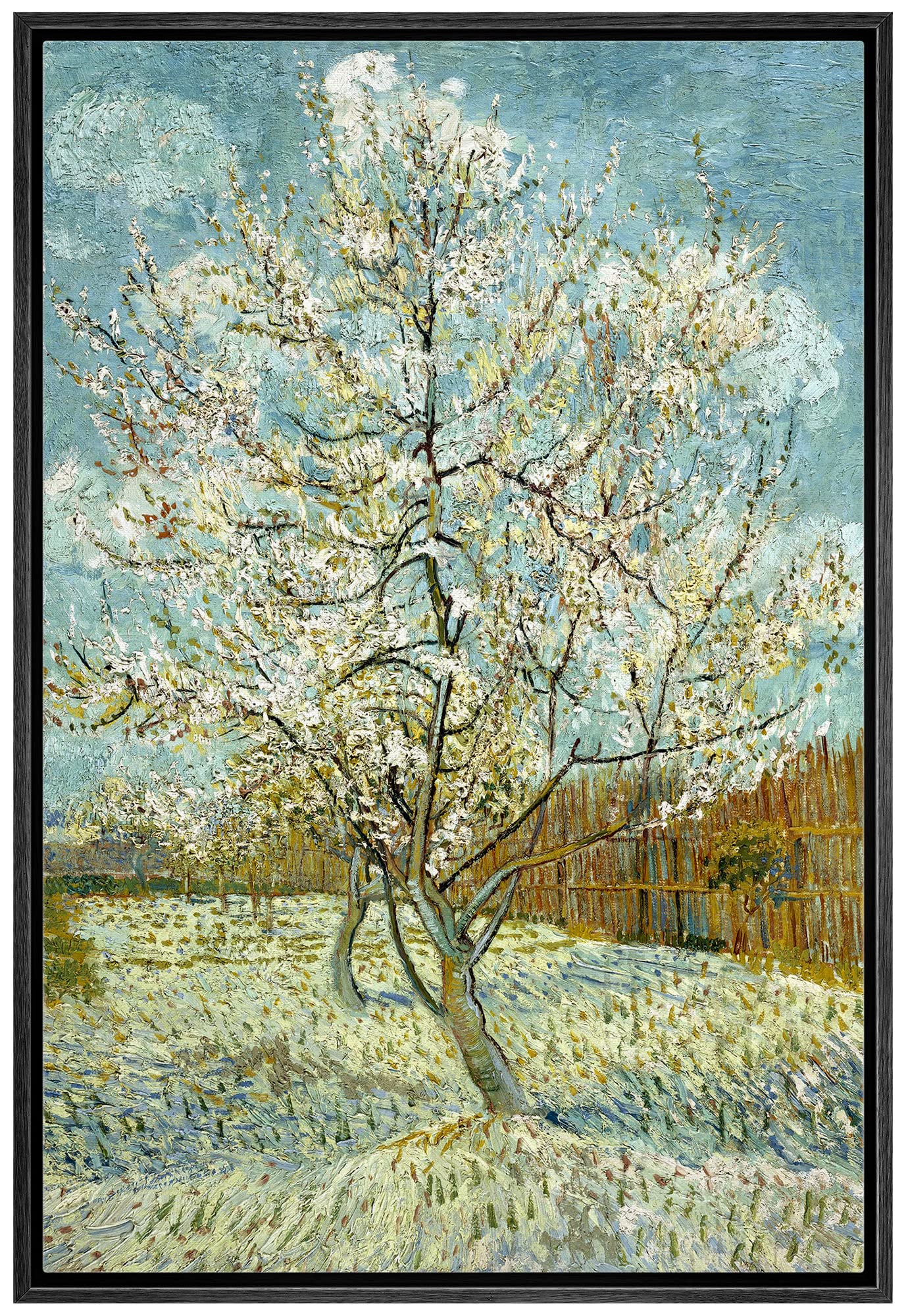 Wall26 The Pink Peach Tree By Vincent Van Gogh - Framed Canvas Print Wall Art Famous Oil Painting Reproduction - 16''X24'' Black