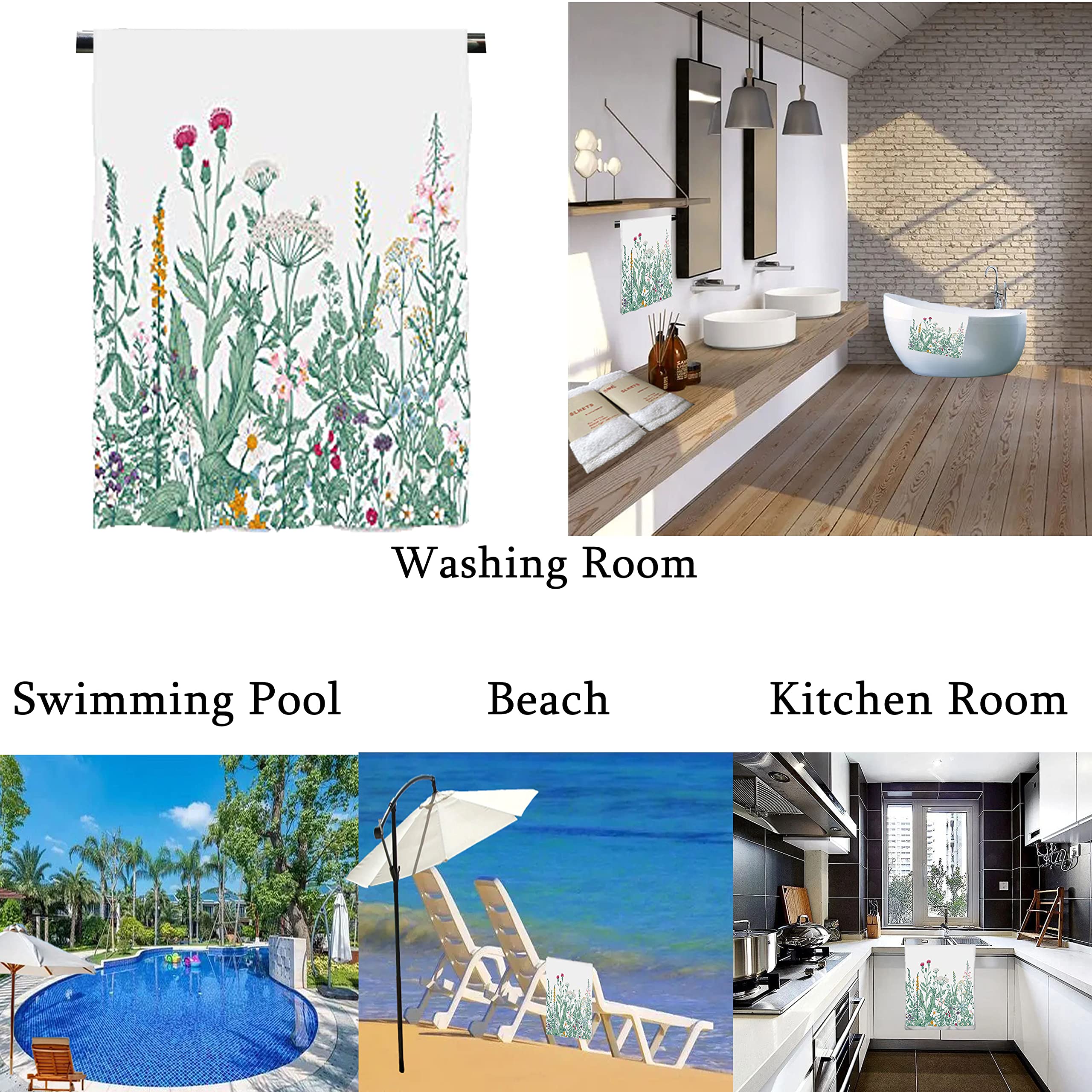 Slhets Colorful Herbs Wild Flowers Hand Towels Botanical Illustration Engraving Style Bath Towels Soft Absorbent Kitchen Dish To