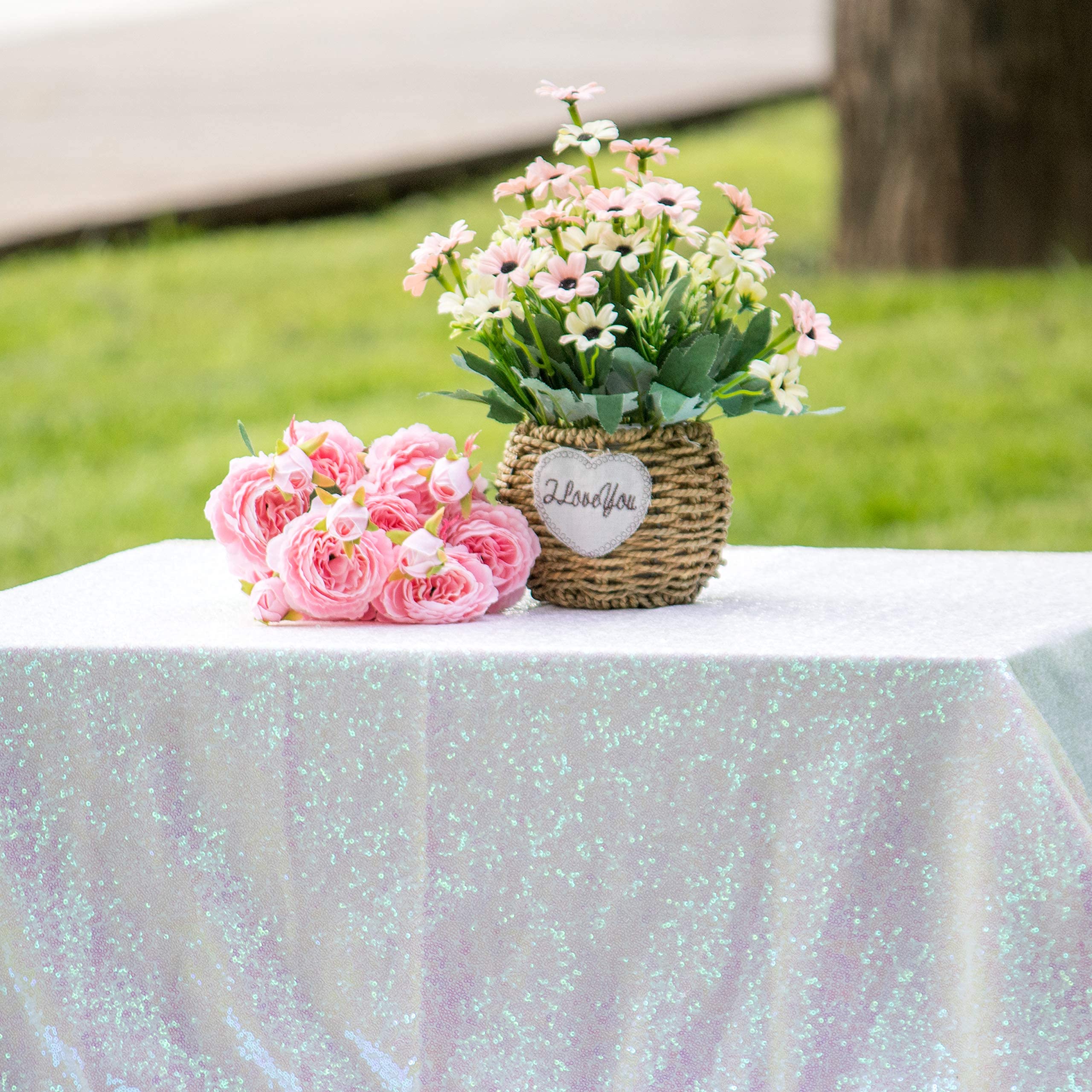 Jyflzq White Iridescent Sequin Tablecloth 90 X 132 Rectangular Sparkly Drape Table Cloths Table Cover Overlay For Wedding Birthd