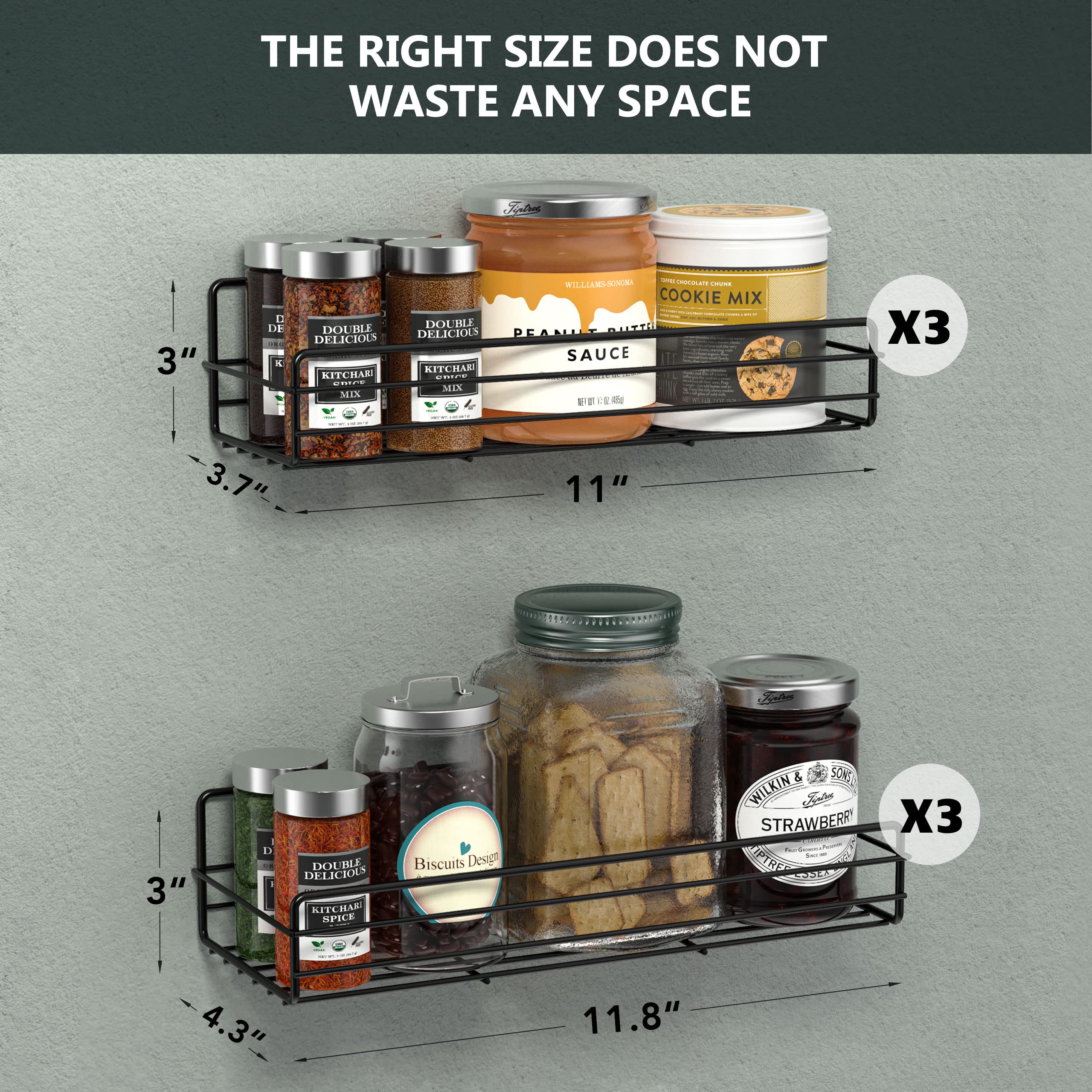 Moforoco Spice Rack Organizer Wall Mount (6Pack), Hanging Black Spice Pantry Organization Storage Shelf, Farmhouse Seasoning Org
