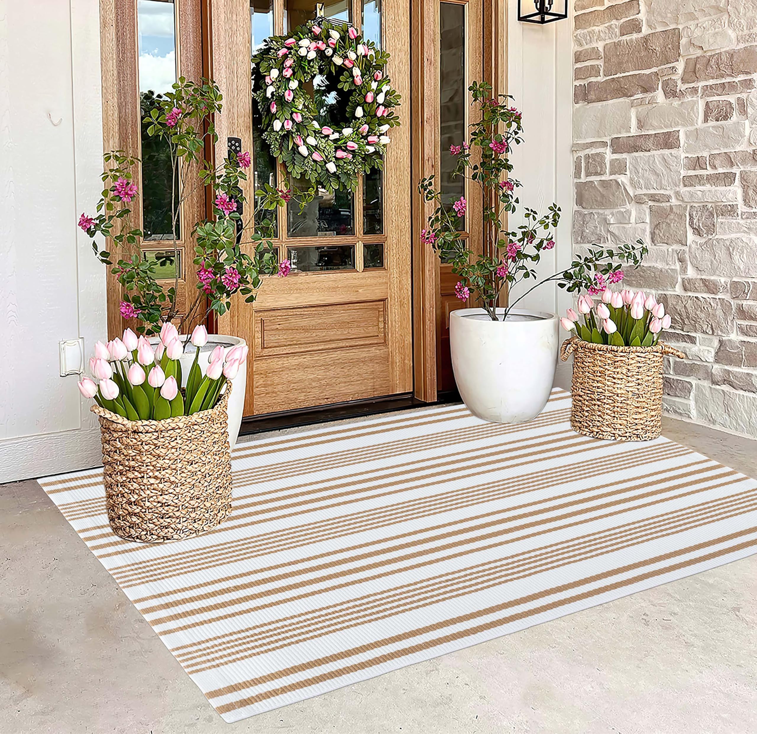 BUAGETUP Khaki and White Outdoor Rug 3x 5 Hand-Woven Cotton Washable Rug Striped Front Porch Rug Indoor/Outdoor Area Rug Floor