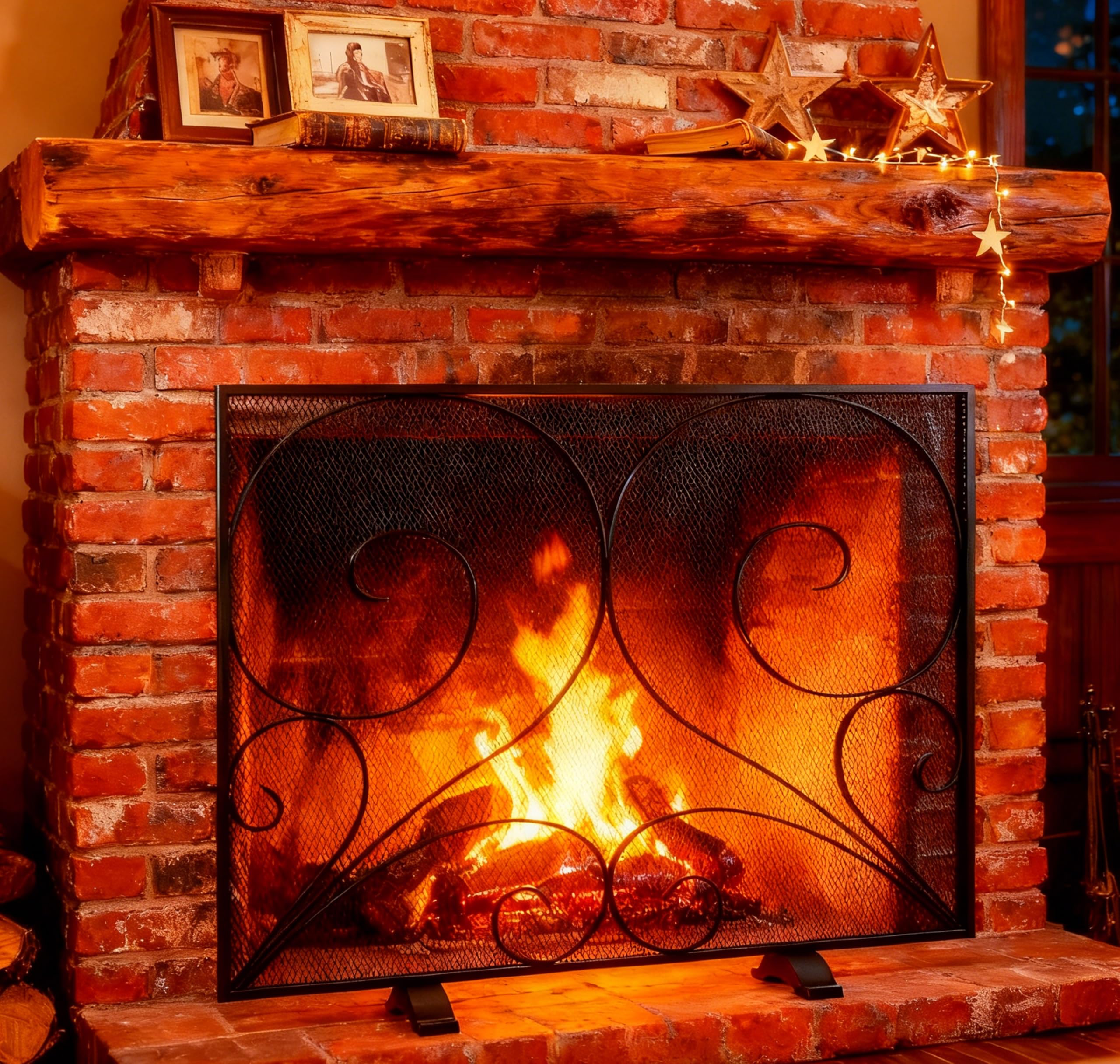 Fire Beauty Single Panel Fireplace Screen Handcrafted Solid Wrought Iron Mesh, Heat-Resistant Fire Spark Guard for Fireplace-Bla