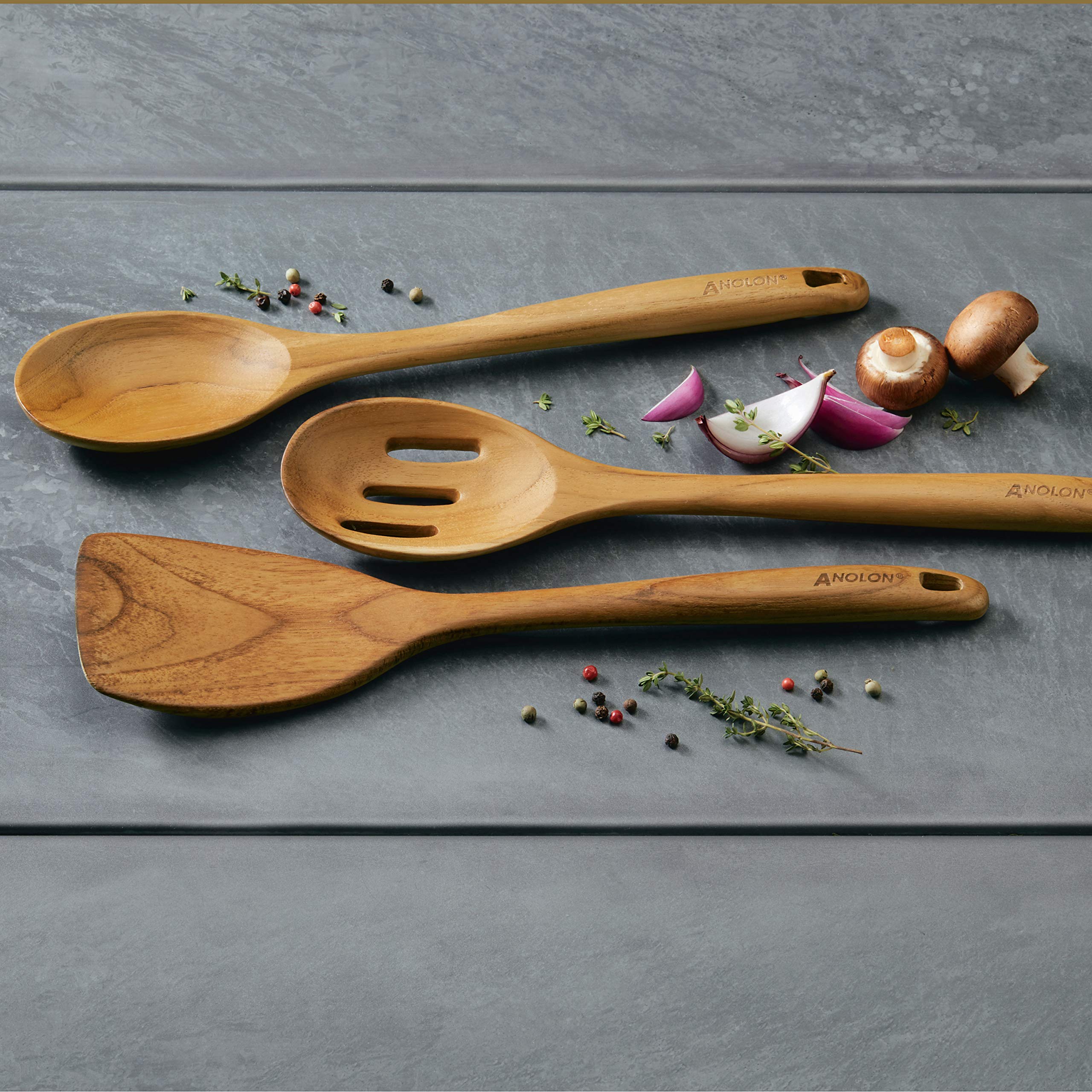 Anolon Teak Wood Tools 13-Inch Tool Set, 3-Piece
