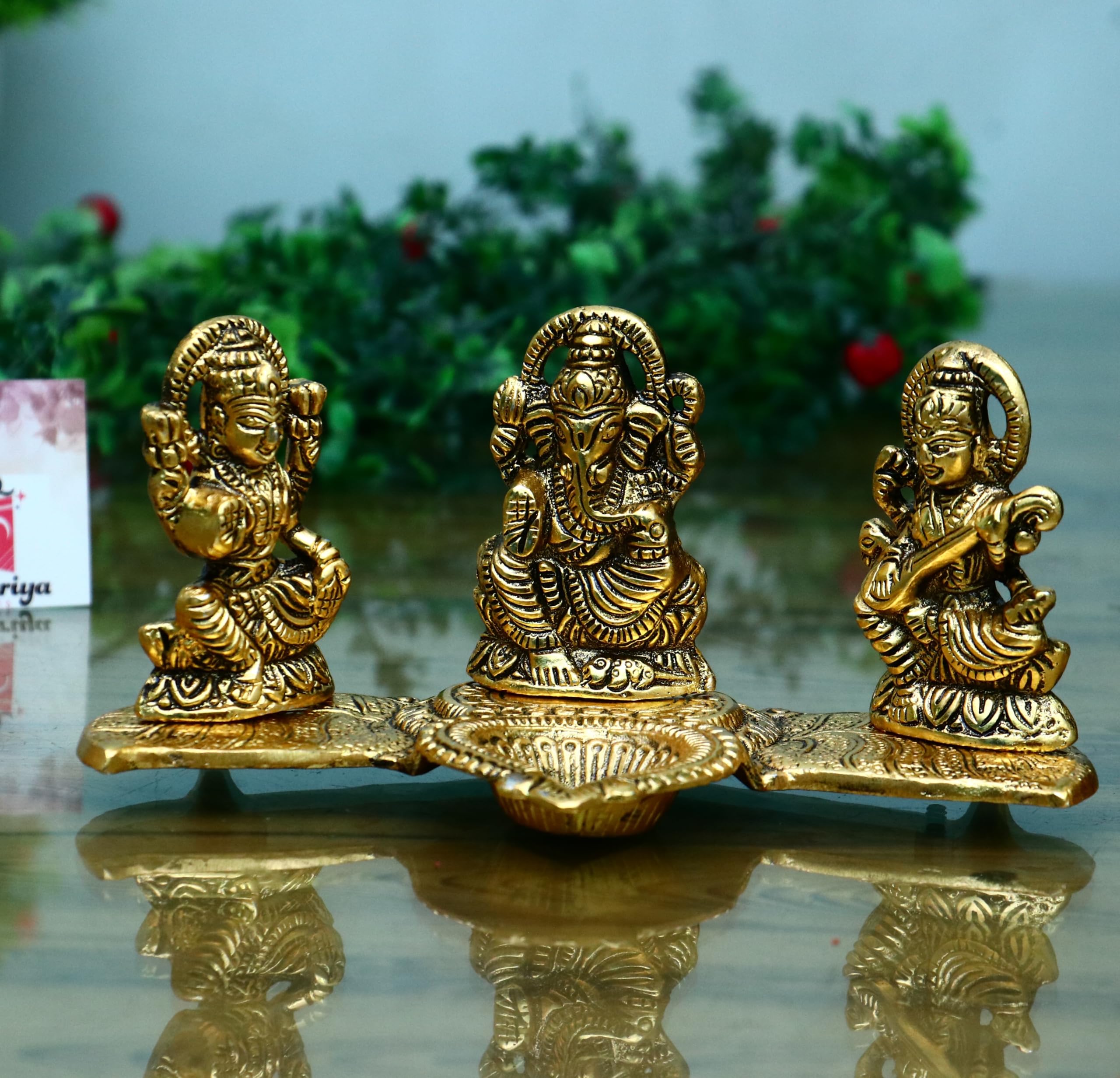 CHHARIYA CRAFTS Laxmi Ganesha Saraswati with Diya On Leaf Statue Idol Murti for Home and Office in Metal Decorative Showpiece -