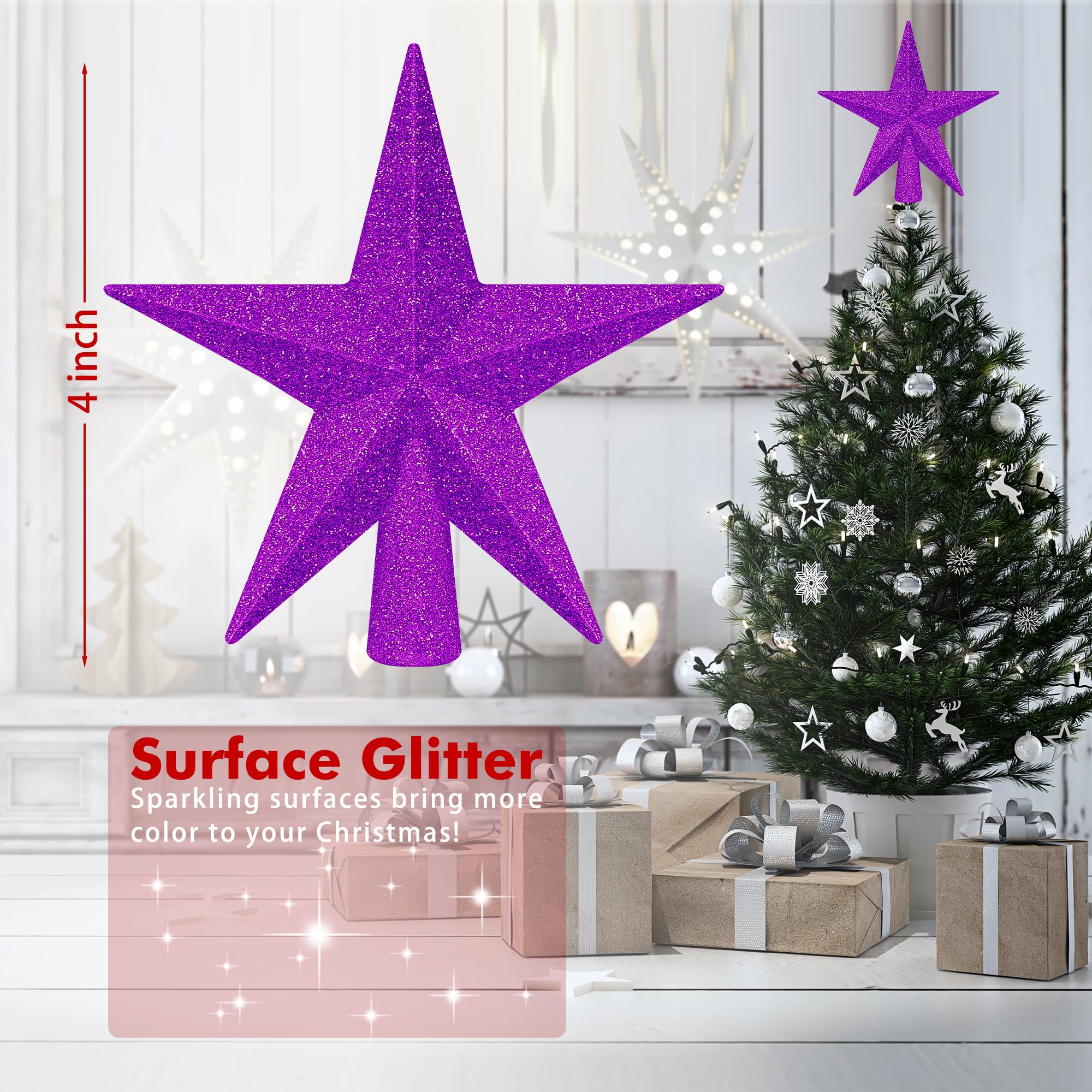 1PCS Christmas Tree Star Topper, Purple 4 Xmas Tree Topper Decorations, Glitter Shatterproof Mini Bethlehem Star Tree Decor, Wat